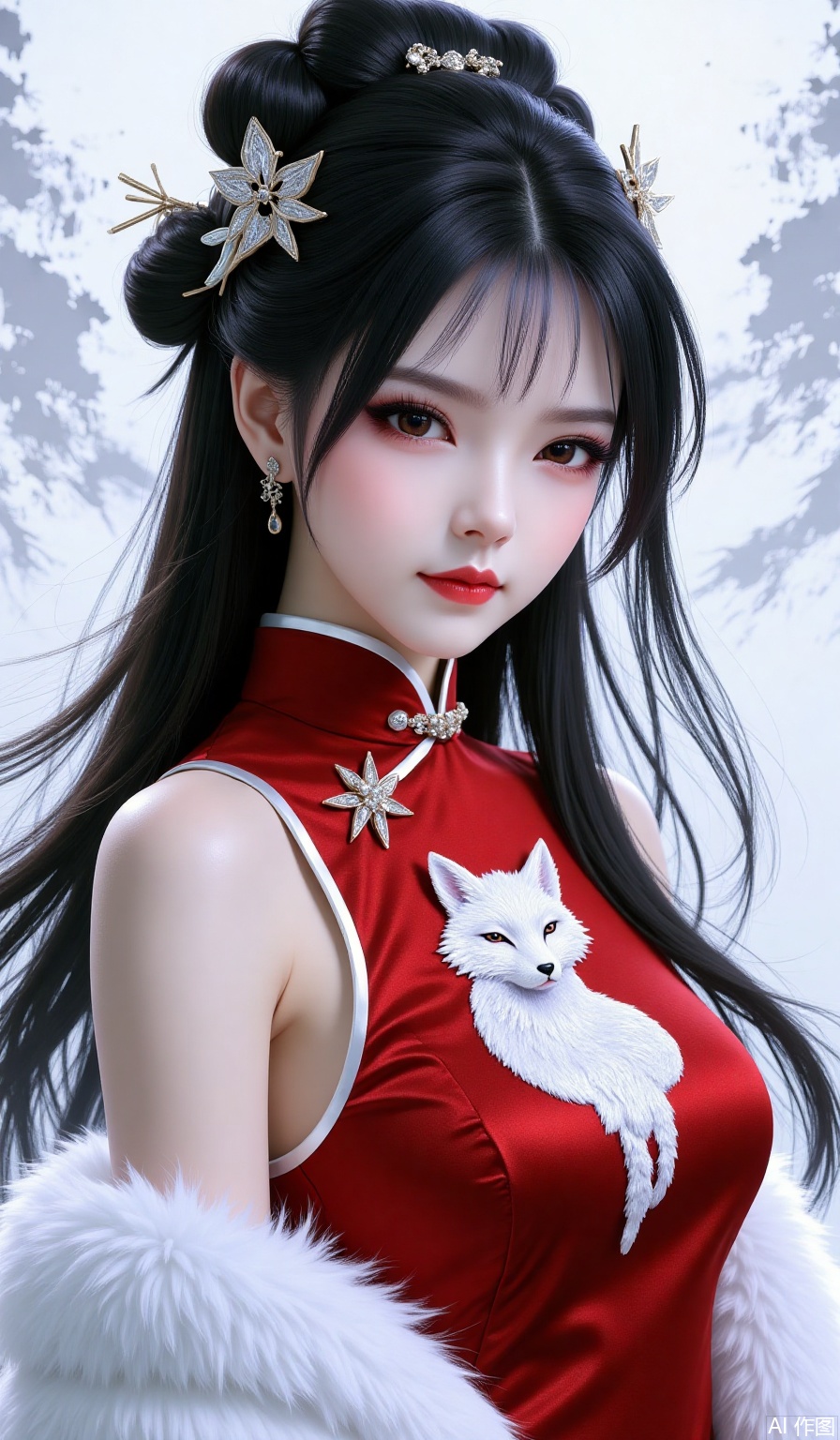 Chinese aesthetics, Chinese style illustrations, brushstrokes, texture, royal sister, princess cut, long straight hair, hair stick,long flowing hair, Chinese style outfit, red cheongsam, white fox embroidered on the cheongsam, white plush overly, white face and red lips, exquisite, gangster lady style, heroine, gorgeous and elegant, exquisite hairpin, evil, cold, lazy, be aesthetics, black hair, 3D real-person modeling, sleeveless
