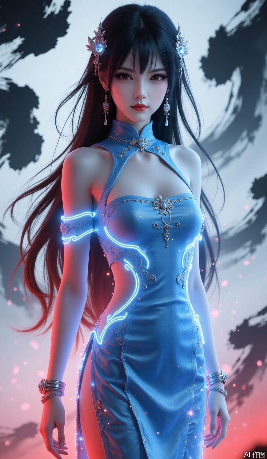1girl, solo, long hair, looking at viewer, black hair, hair ornament, dress, cleavage, bare shoulders, brown eyes, jewelry, medium breasts, standing, earrings, bracelet, clothing cutout, blue dress, glowing, chinese clothes,china dress, arms at sides,ink background