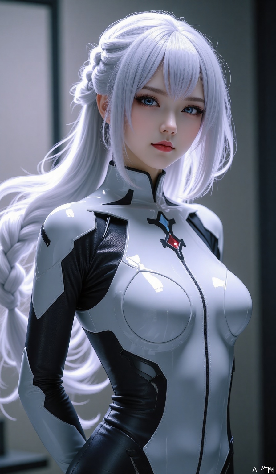  1girl, solo, long hair, breasts, looking at viewer, bangs, (blue eyes), large breasts, very long hair, braid, white hair, parted lips, indoors, hair over one eye, lips, cosplay, single braid, bodysuit, arms behind back, personification, braided ponytail, photo background