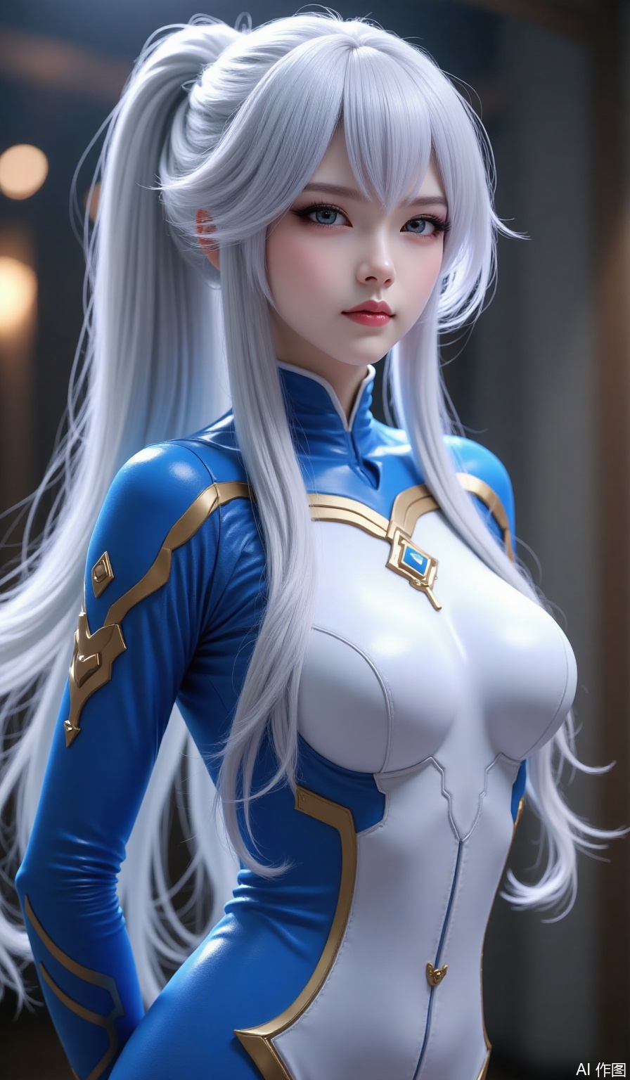  1girl, solo, long hair, breasts, looking at viewer, bangs, (blue eyes), large breasts, very long hair, braid, white hair, parted lips, indoors, hair over one eye, lips, cosplay, single braid, bodysuit, arms behind back, personification, braided ponytail, photo background