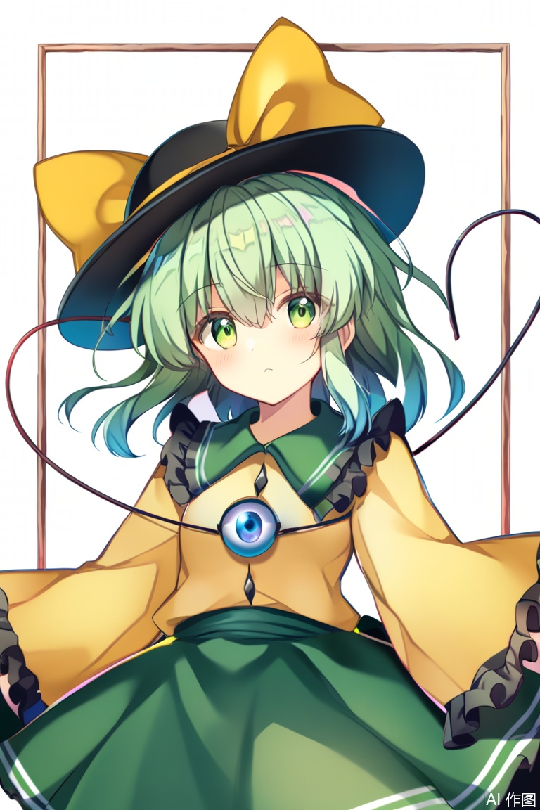 touhou,komeiji_koishi, 1girl, third_eye, yellow_shirt, black_hat, green_hair, frilled_sleeves, highres, frilled_shirt_collar, wide_sleeves, hat_bow, green_eyes, green_skirt, heart_of_string, yellow_bow, hat_ribbon,  diamond_button, yellow_ribbon, eyeball