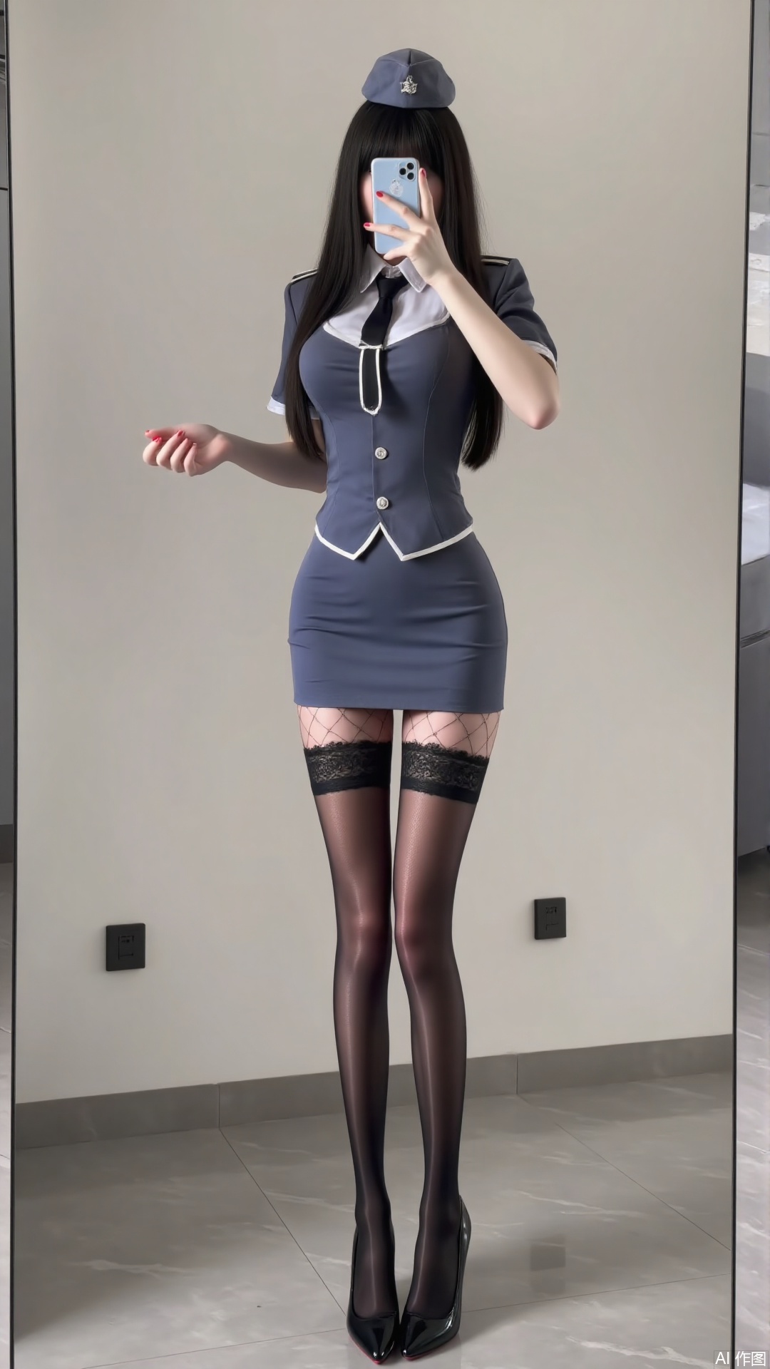 3、1girl,solo ,long hair ,skirt ,large breasts ,breasts ,black hair ,thighhighs ,hat ,pantyhose, uniform ,high heels ,phone ,fishnets,cellphone ,lace trim ,lace ,smartphone pencil skirt ,holding phone ,selfie ,lace-trimmed leg wear ,