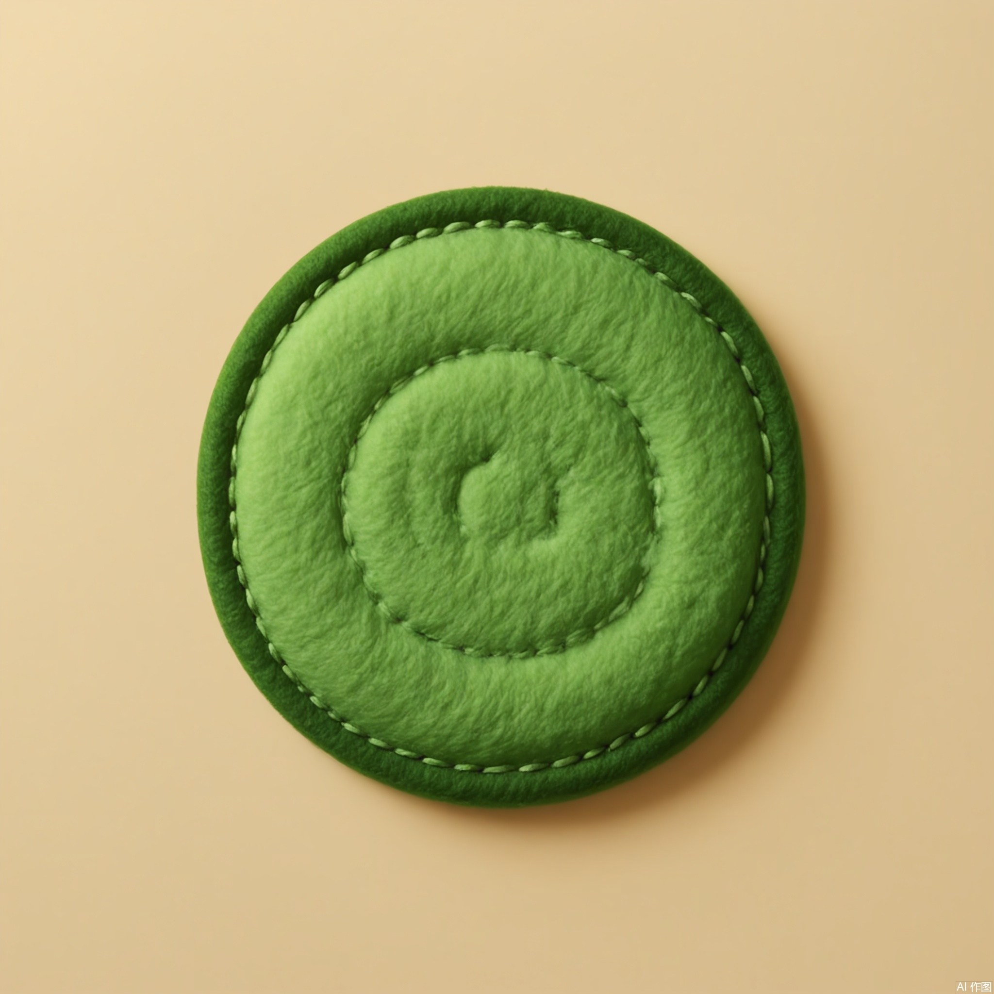 MZTB, Photograph of a hexagonal, olive green felt emblem with a beige, embroidered geometric pattern in a modern, abstract style. The emblem has a soft, fuzzy texture and is outlined with beige thread. The background is a light sandy color. The image is well-lit, showing the emblem's unique design and the richness of the felt. The emblem is centered in the frame, with a slight shadow adding depth. The style is simple and contemporary, emphasizing the emblem's artistic design and texture.

