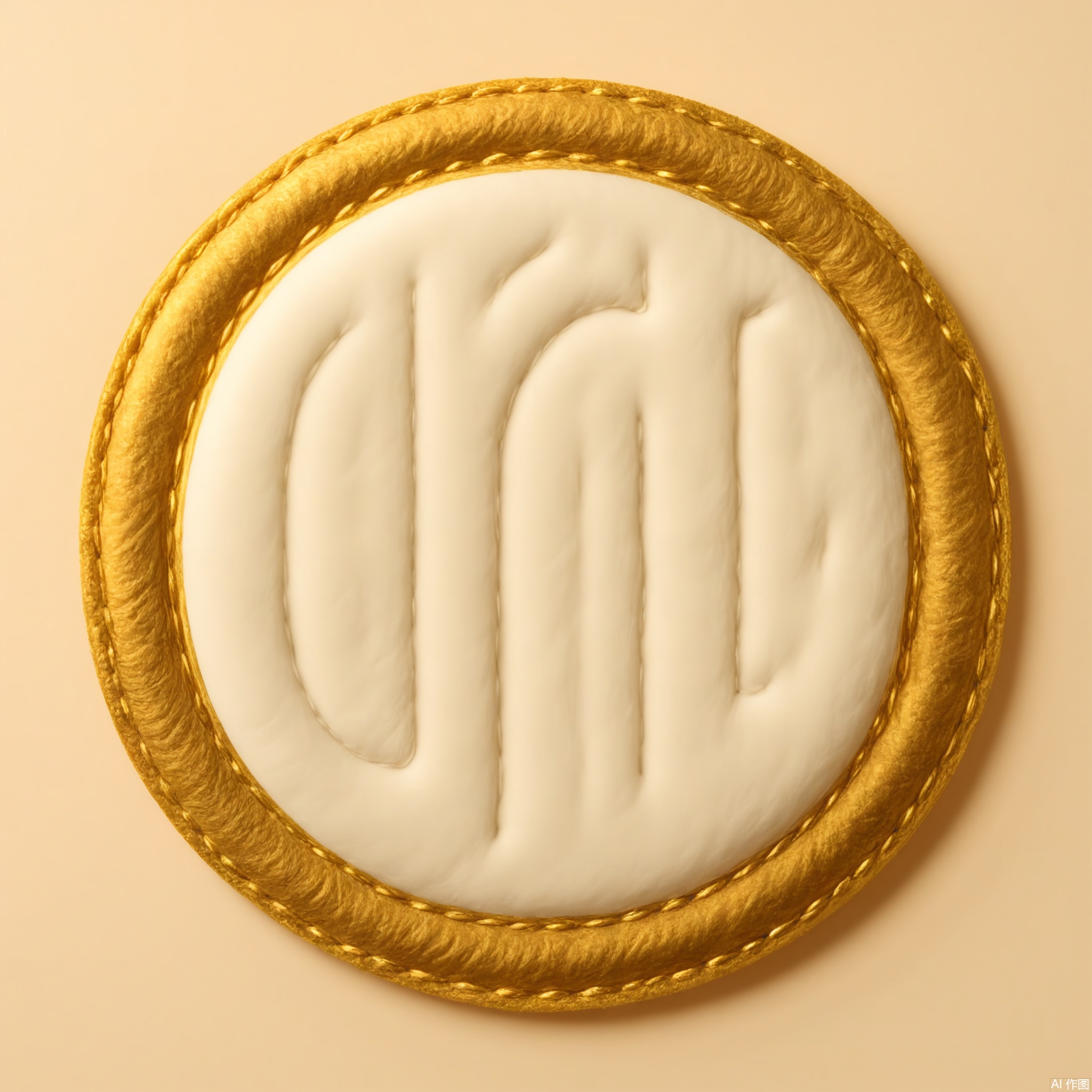 MZTB, Photograph of a pentagonal, burgundy felt emblem with a gold, embroidered initial "A" in a refined, calligraphic style. The emblem has a dense, velvety surface and is outlined with gold thread. The background is a soft, creamy beige. The lighting is warm and inviting, highlighting the emblem's luxurious feel and the intricacy of the stitching. The emblem is centered in the image, with a subtle shadow beneath it, creating a sense of sophistication. The style is simple yet elegant, focusing on the emblem's design and tactile quality.
