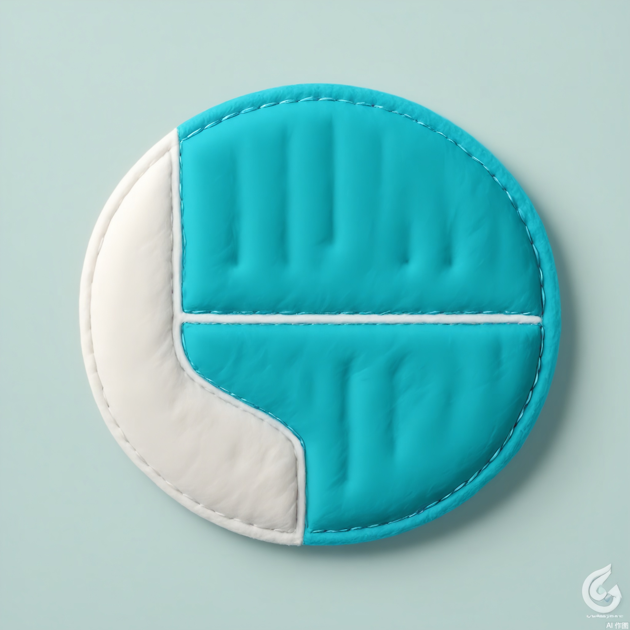 MZTB, Photograph of a hexagonal, teal blue felt logo icon with a silver, embroidered wave pattern in a fluid, dynamic style. The icon has a plush, velvety texture and is outlined with silver thread. The background is a light aqua color. The image is well-lit, showing the icon's intricate design and the details of the felt and embroidery. The logo icon is centered in the frame, with a slight shadow underneath it, giving it a three-dimensional appearance. The style is simple and modern, emphasizing the icon's contemporary design and soft texture.
