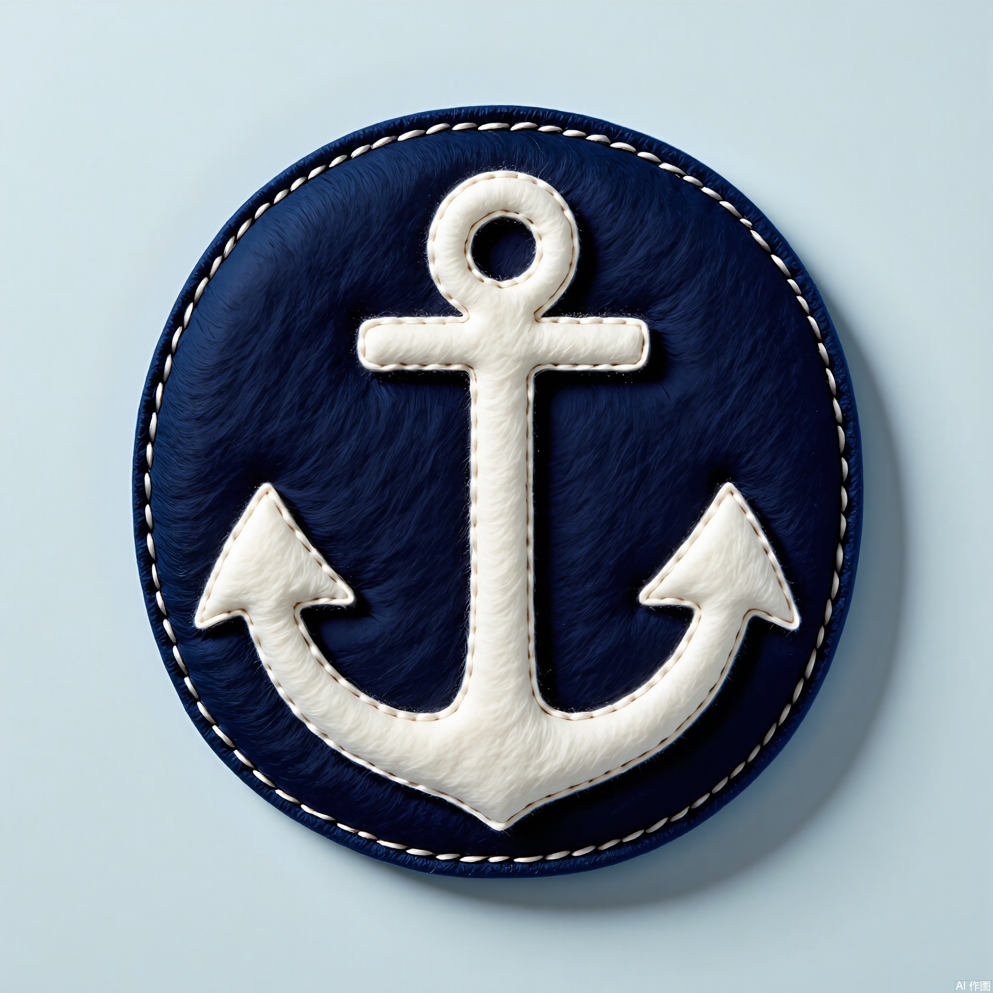 MZTB, Photograph of a circular, navy blue felt emblem with a silver, embroidered anchor symbol in a nautical, detailed style. The emblem has a dense, velvety texture and is outlined with silver thread. The background is a light grayish-blue. The lighting is clear and detailed, highlighting the emblem's maritime theme and the depth of the felt. The emblem is centered in the composition, with a subtle shadow enhancing its three-dimensional effect. The style is simple and nautical, focusing on the emblem's design and tactile appeal.
