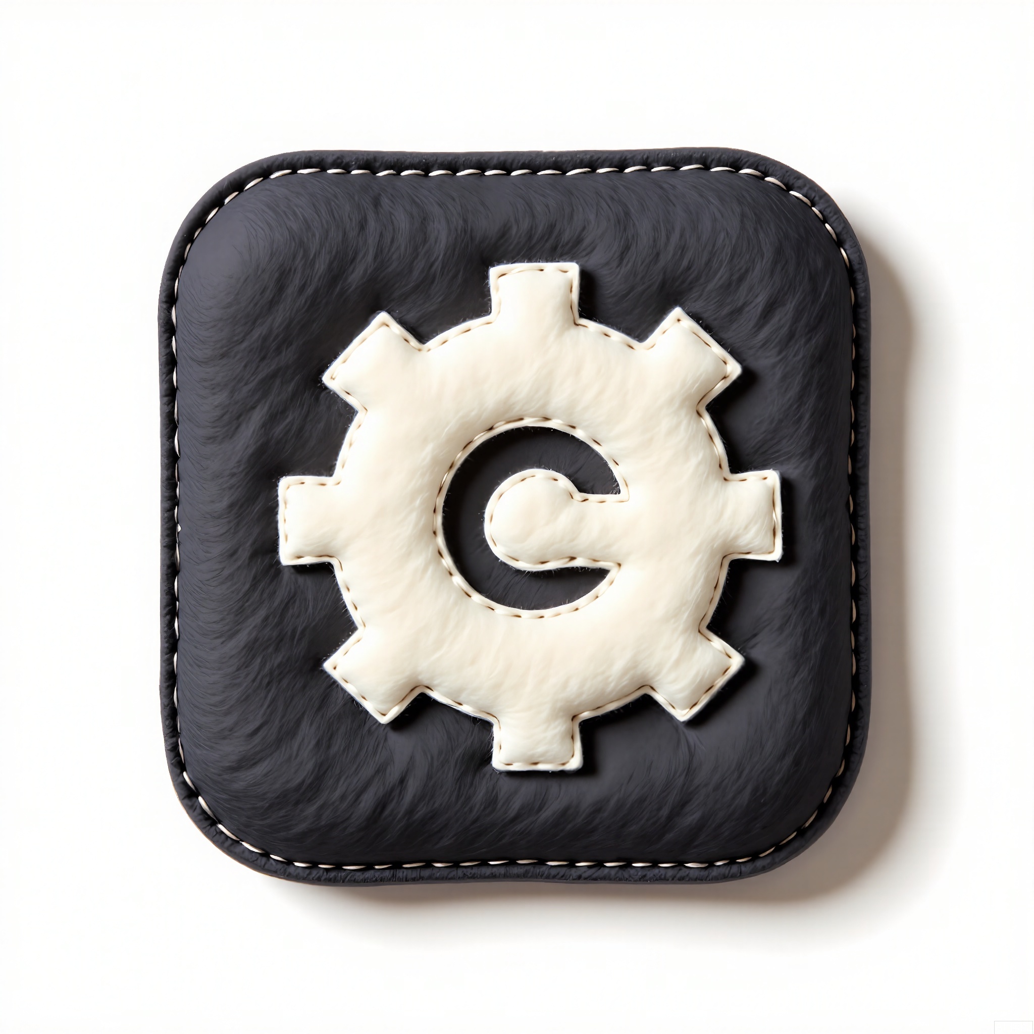 MZTB, Photograph of a square, charcoal gray felt badge with a white, embroidered gear symbol in a mechanical, industrial style. The badge has a dense, matte texture and is outlined with white thread. The background is a light grayish-white. The image is brightly lit, showcasing the badge's industrial feel and the quality of the felt. The badge is centered in the frame, with a slight shadow beneath it, creating a sense of solidity. The style is simple and utilitarian, emphasizing the badge's functional design and tactile quality.
