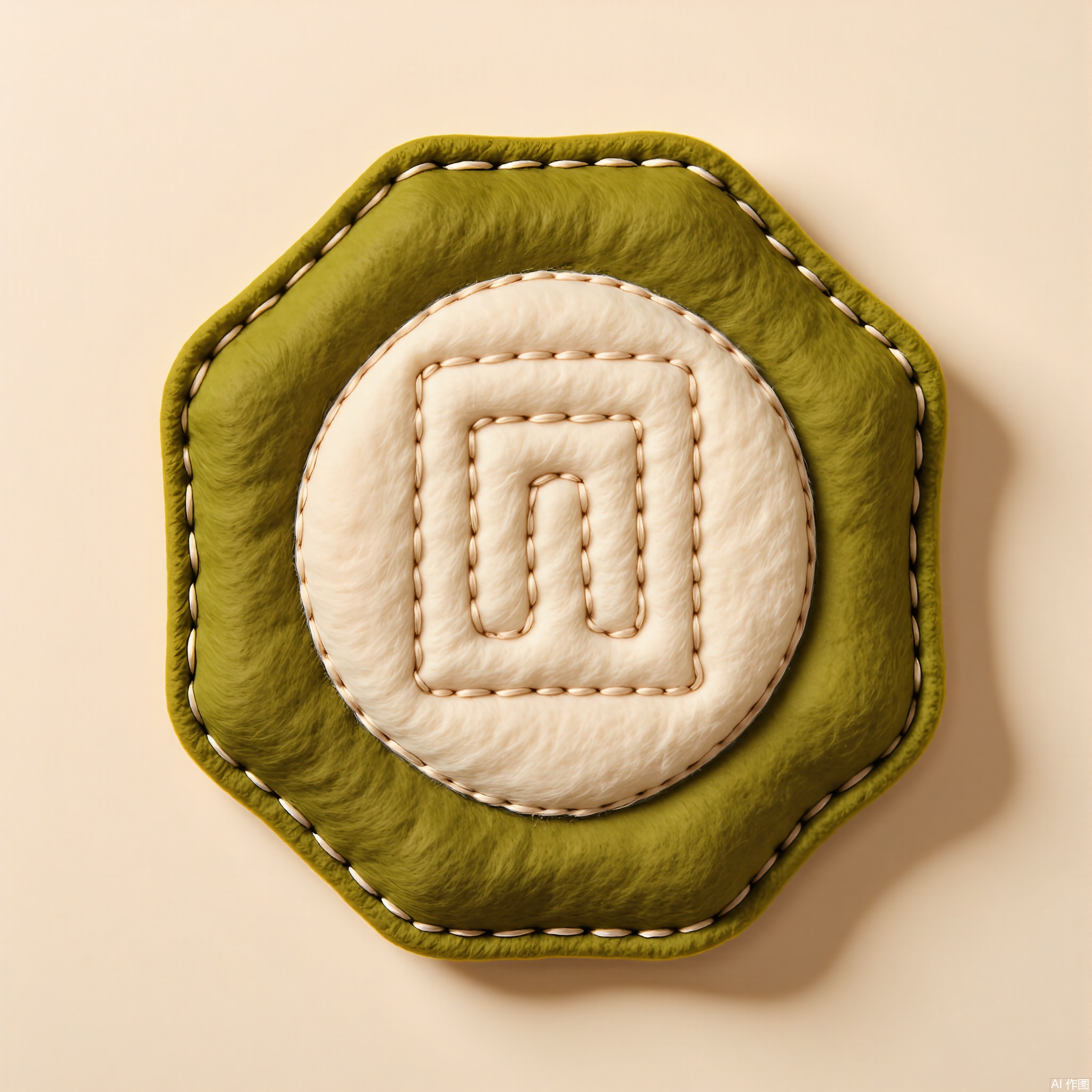 MZTB, Photograph of a hexagonal, olive green felt emblem with a beige, embroidered geometric pattern in a modern, abstract style. The emblem has a soft, fuzzy texture and is outlined with beige thread. The background is a light sandy color. The image is well-lit, showing the emblem's unique design and the richness of the felt. The emblem is centered in the frame, with a slight shadow adding depth. The style is simple and contemporary, emphasizing the emblem's artistic design and texture.
