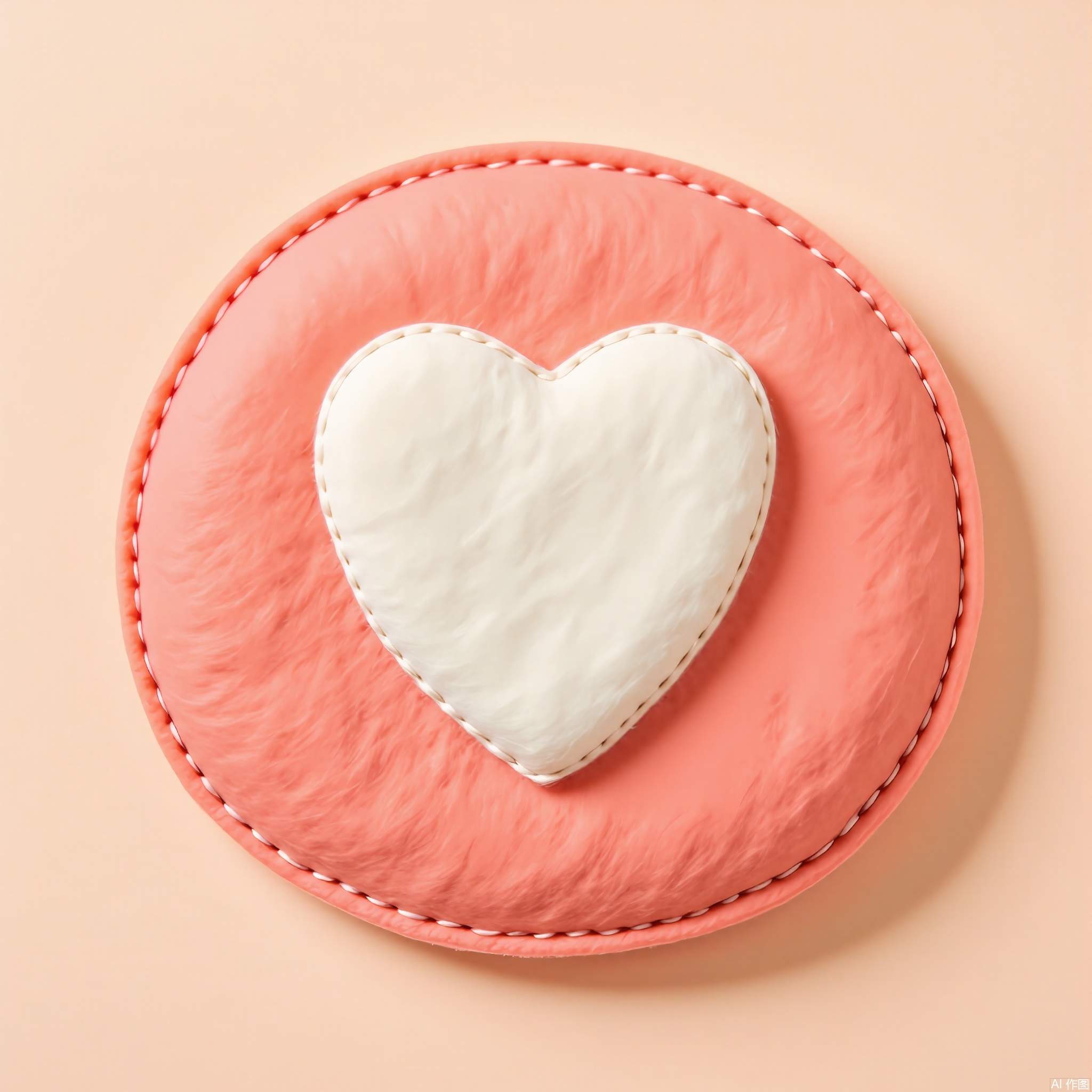 MZTB, Photograph of a circular, coral pink felt logo icon with a white, embroidered heart shape in a whimsical, playful style. The icon has a soft, fuzzy texture and is edged with white thread. The background is a light peach color. The image is brightly lit, showcasing the icon's cheerful design and the softness of the felt. The logo icon is centered in the frame, with a slight shadow adding a touch of dimensionality. The style is simple and lighthearted, emphasizing the icon's charm and texture.
