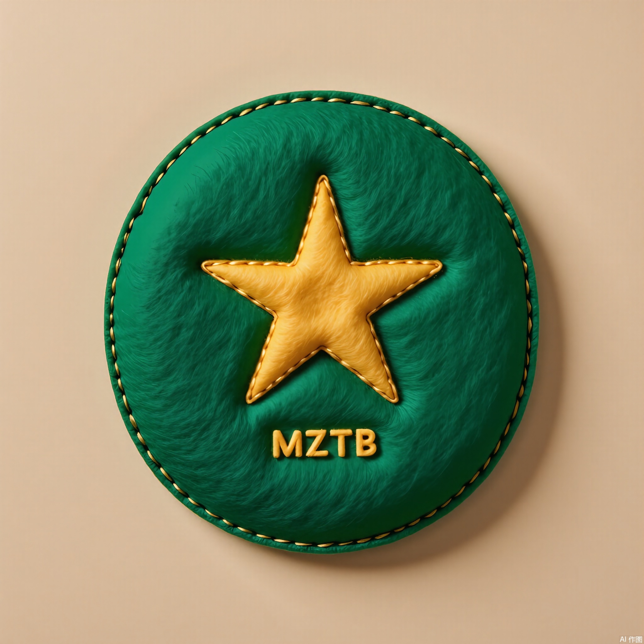 MZTB, Photograph of a circular, emerald green felt logo icon with a gold, embroidered star shape in a sleek, modern font. The icon has a plush, napped texture and is edged with golden thread. The background is a muted taupe color. The image is crisply lit, emphasizing the intricate embroidery and the softness of the felt. The logo icon is perfectly centered in the frame, with a subtle shadow beneath it, creating a sense of depth. The style remains simple and minimalist, accentuating the icon's design and tactile quality.
