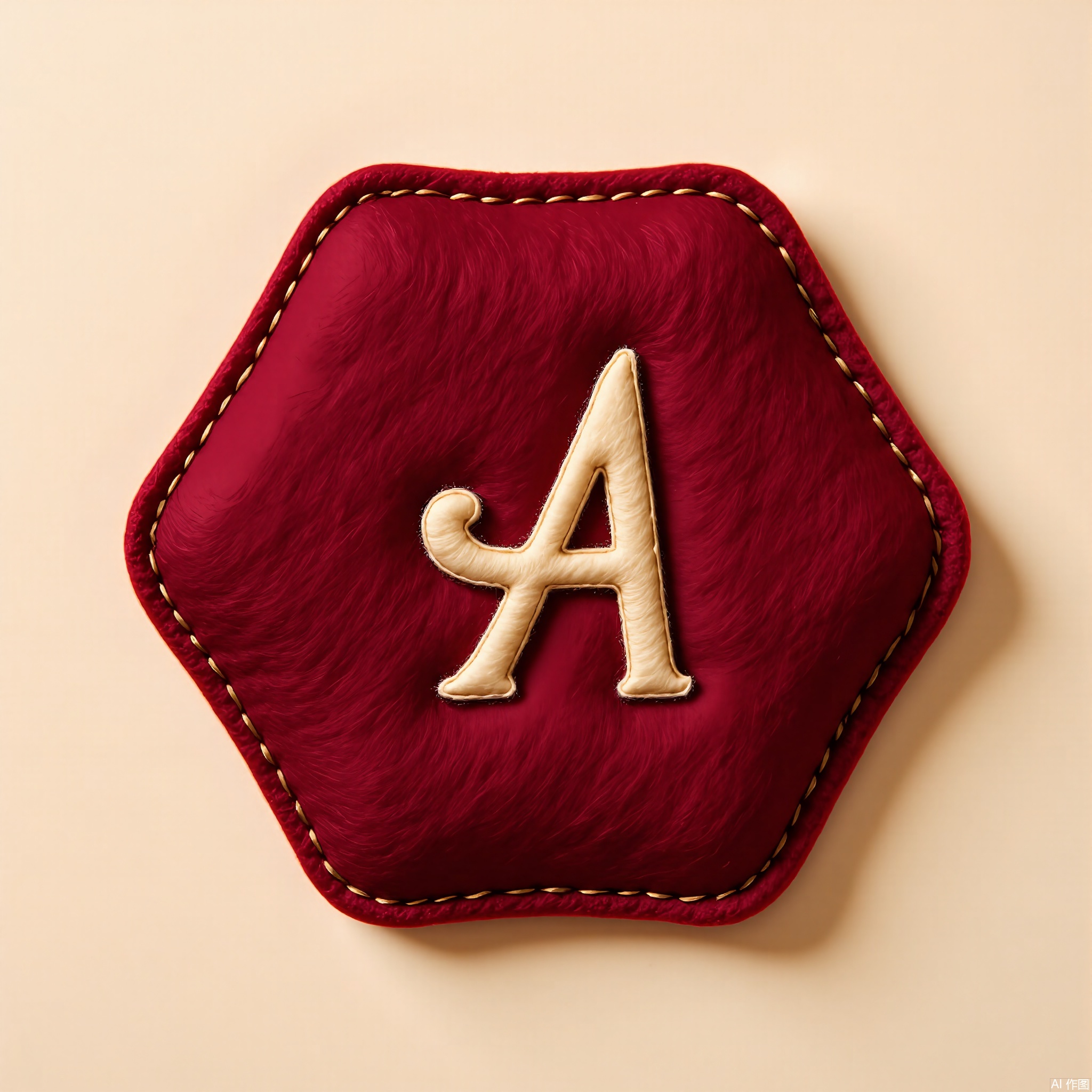 MZTB, Photograph of a pentagonal, burgundy felt emblem with a gold, embroidered initial "A" in a refined, calligraphic style. The emblem has a dense, velvety surface and is outlined with gold thread. The background is a soft, creamy beige. The lighting is warm and inviting, highlighting the emblem's luxurious feel and the intricacy of the stitching. The emblem is centered in the image, with a subtle shadow beneath it, creating a sense of sophistication. The style is simple yet elegant, focusing on the emblem's design and tactile quality.
