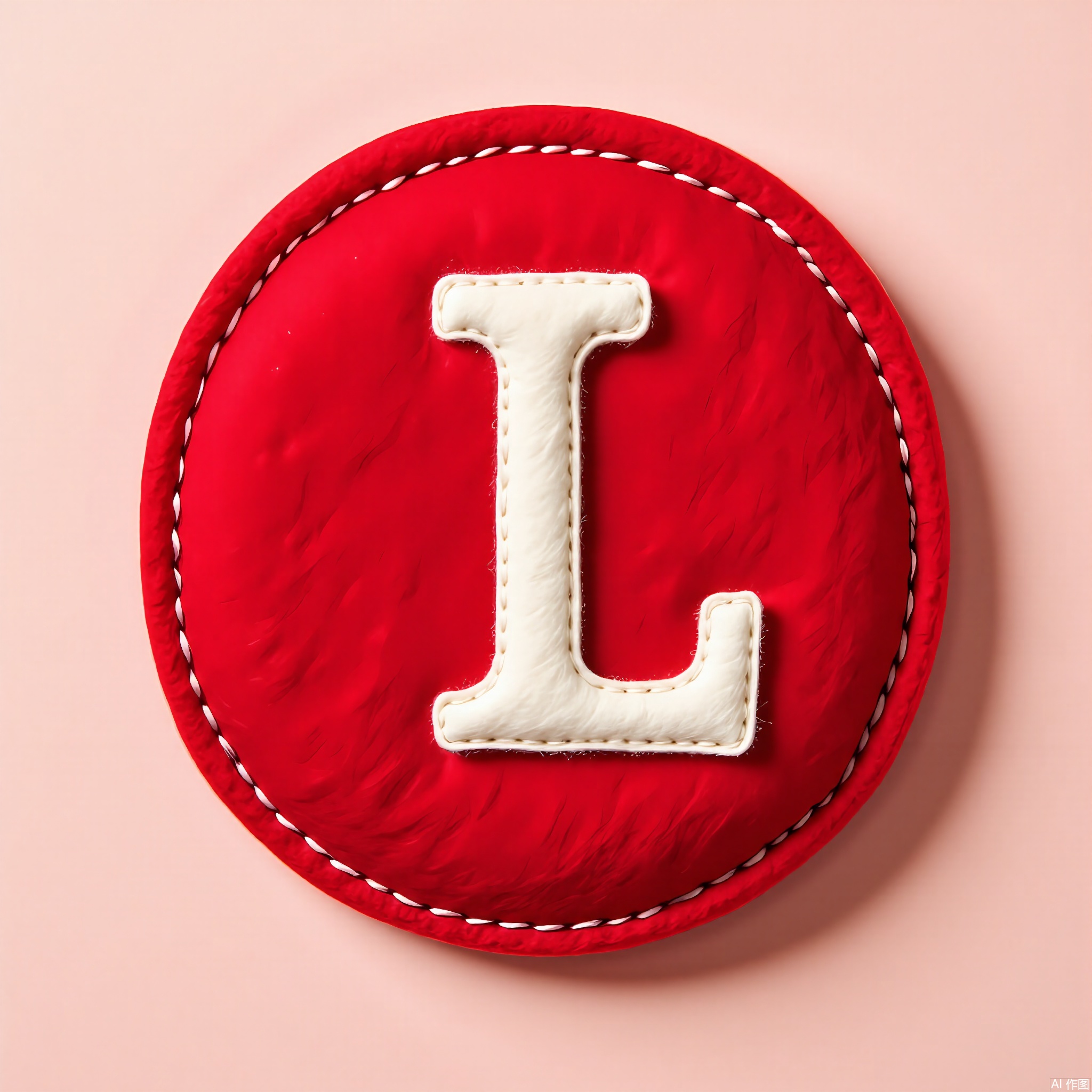 MZTB, Photograph of a circular, deep red felt logo with a white, embroidered letter "L" in a classic, serif font. The logo has a smooth, slightly textured surface and is bordered with white thread. The background is a light pinkish-beige. The image is crisply lit, emphasizing the logo's traditional feel and the quality of the felt. The logo is centered in the composition, with a subtle shadow beneath it, creating a sense of elegance. The style is simple and timeless, focusing on the logo's design and tactile quality.
