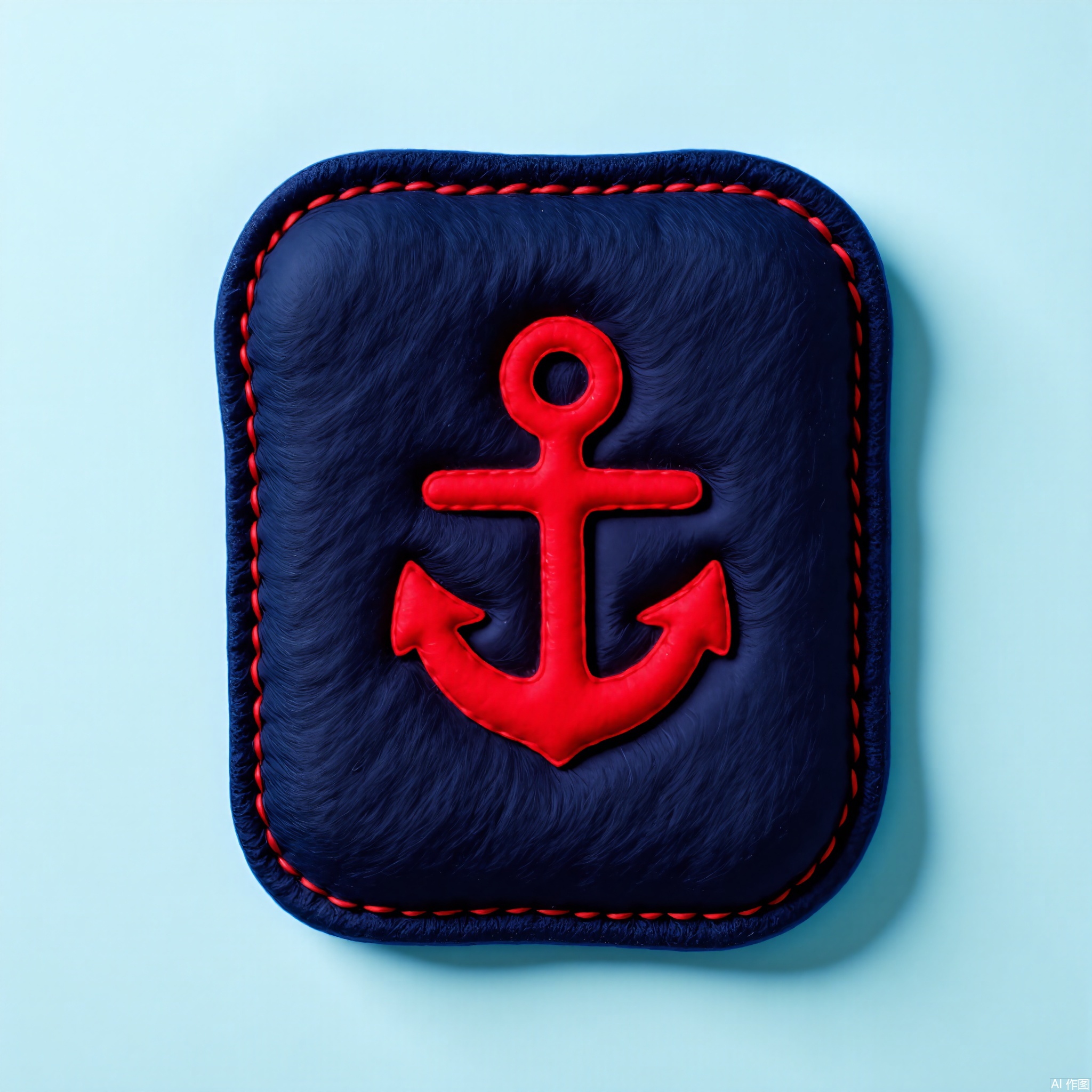 MZTB, Photograph of a rectangular, navy blue felt emblem with a red, embroidered anchor symbol in a classic, nautical style. The emblem has a smooth, slightly shiny surface and is edged with red thread. The background is a pale sky blue. The image is well-lit, capturing the emblem's bold colors and the intricacy of the embroidery. The emblem is centered in the frame, with a distinct shadow adding a touch of drama. The style is clean and timeless, highlighting the emblem's maritime theme and tactile quality.
