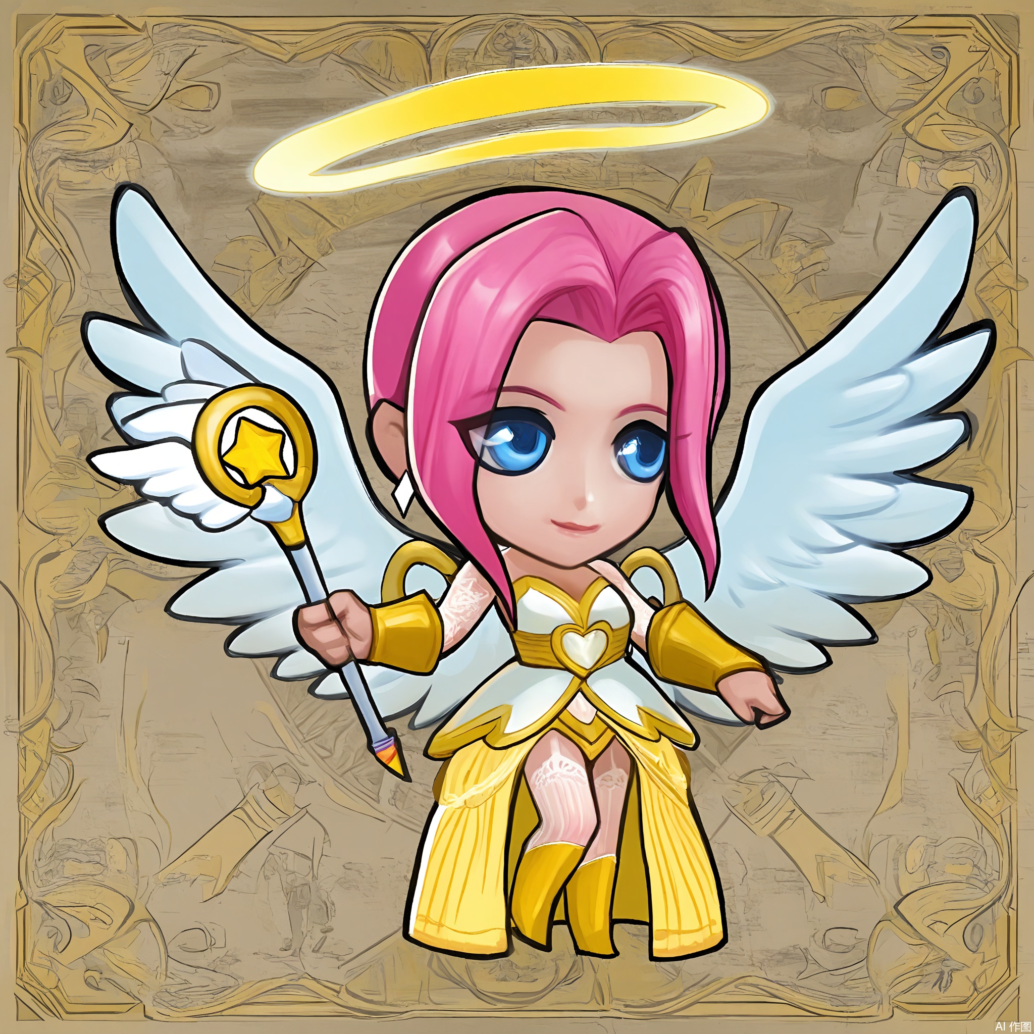 OKJS, A digital illustration of a chibi-style character with long pink hair, blue eyes, and angel wings. The character wears a flowing white and gold gown with intricate lace details and a halo floating above their head, clutching a wand tipped with a sparkling diamond. Their expression is serene and compassionate. The background is a simple white. The style is reminiscent of fantasy anime and magical girl designs.
