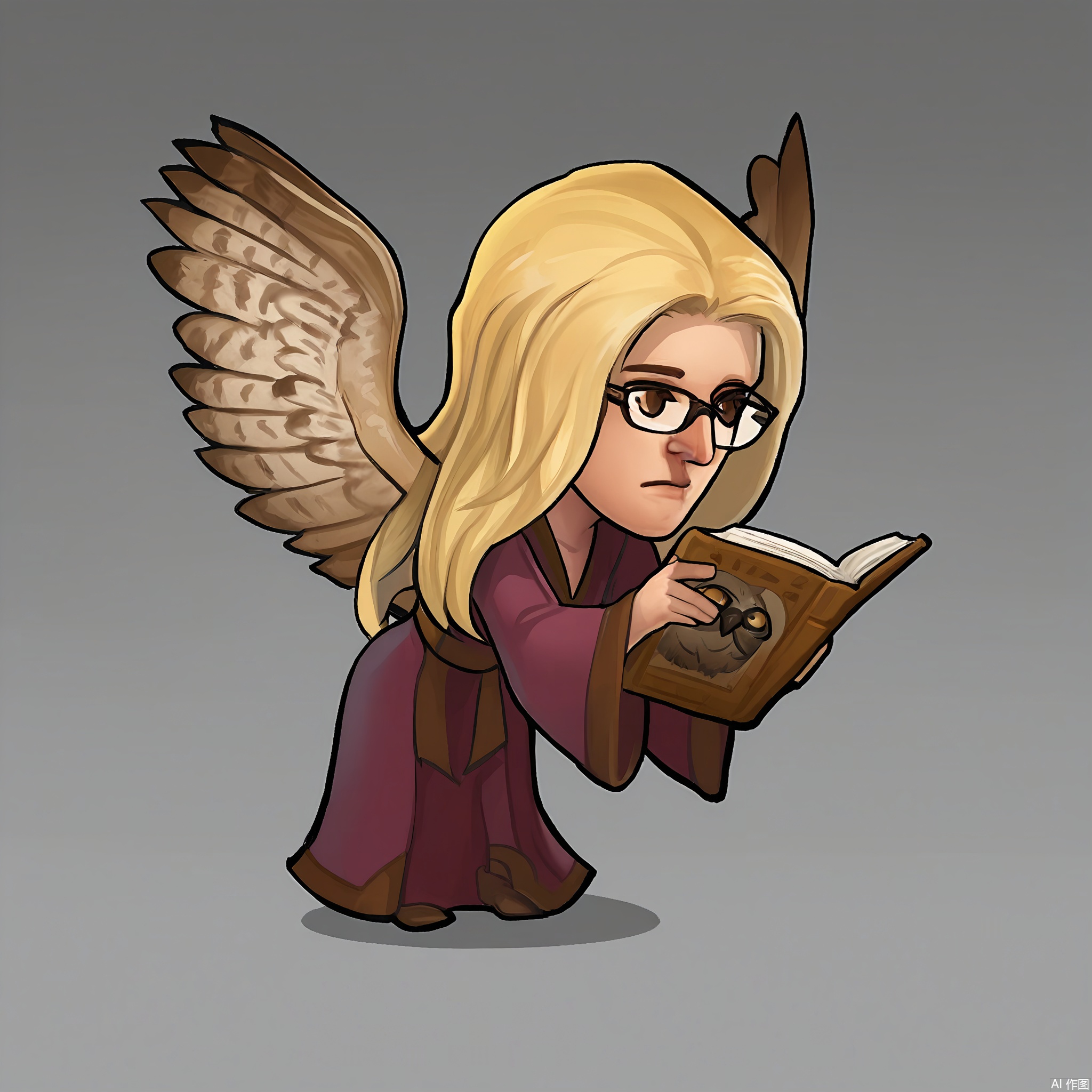 OKJS, A digital illustration of a chibi-style character with long blonde hair, brown eyes, and a pair of owl-like wings. The character wears a scholarly, robe-like outfit with a book in hand and glasses perched on their nose, looking thoughtful. The background is a pristine white. The style is reminiscent of magical academy anime and scholar character designs.
