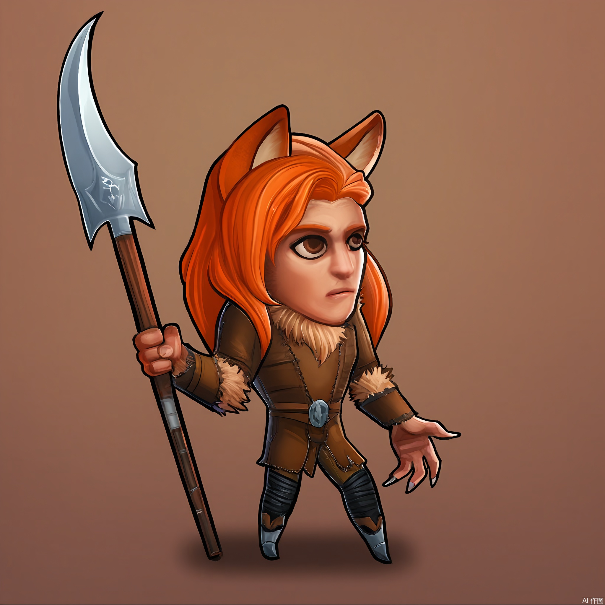 OKJS, A digital illustration of a chibi-style character with short orange hair, brown eyes, and a pair of wolf ears. The character wears a rugged, leather and fur outfit with a spear, howling at the moon. Their expression is wild and free. The background is a clean white. The style evokes werewolf anime and lycanthrope character concepts.
