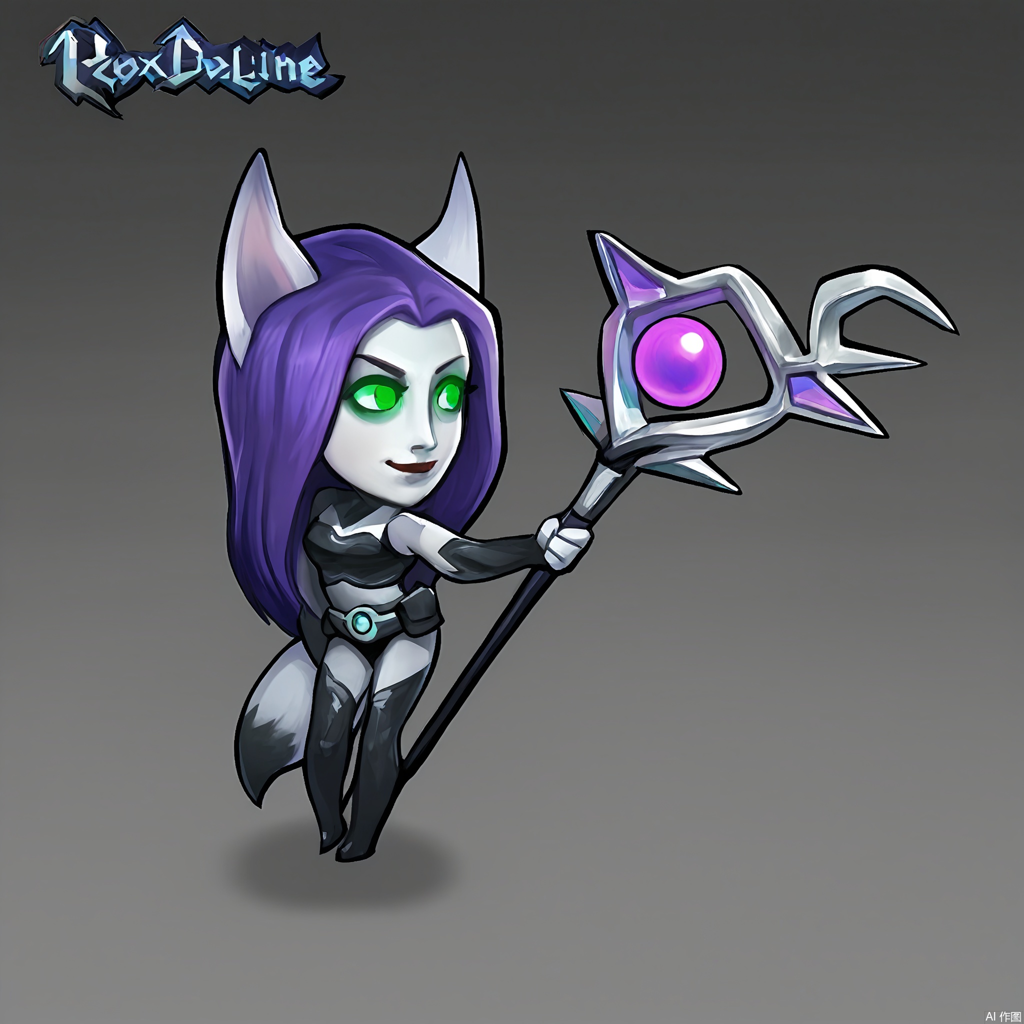 OKJS, A digital illustration of a chibi-style character with short purple hair, green eyes, and fox ears. The character dons a sleek, silver and black futuristic outfit with glowing accents and a small utility belt, holding a staff with a pulsating purple orb at the top. They have a mischievous grin and stand with one foot slightly forward. The background is a pristine white. The style evokes anime and RPG character concepts.

