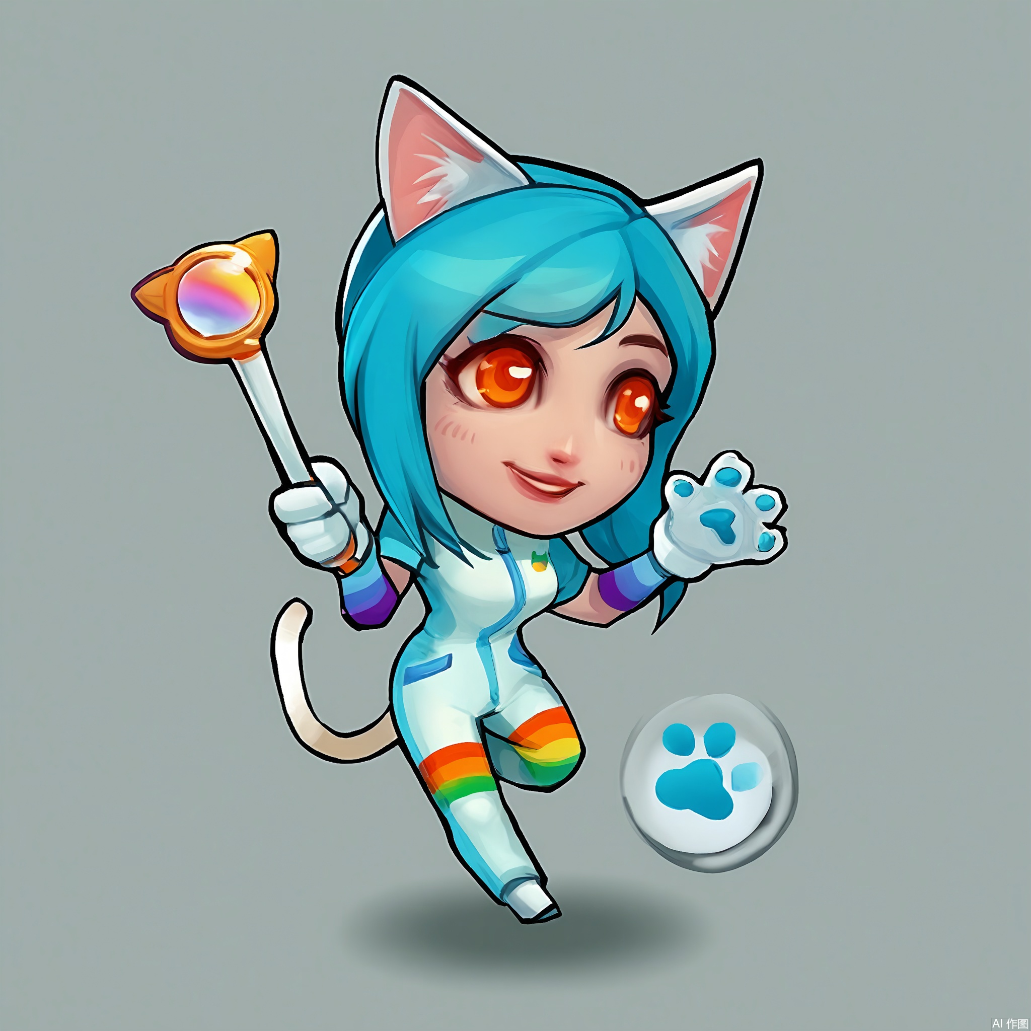 OKJS, A digital illustration of a chibi-style character with long turquoise hair, orange eyes, and cat ears. The character wears a playful, rainbow-colored jumpsuit with a matching tail and paw-print gloves, holding a bubble wand that blows iridescent bubbles. They have a wide, excited smile. The background is a plain white. The style is reminiscent of kawaii anime and cute character designs.
