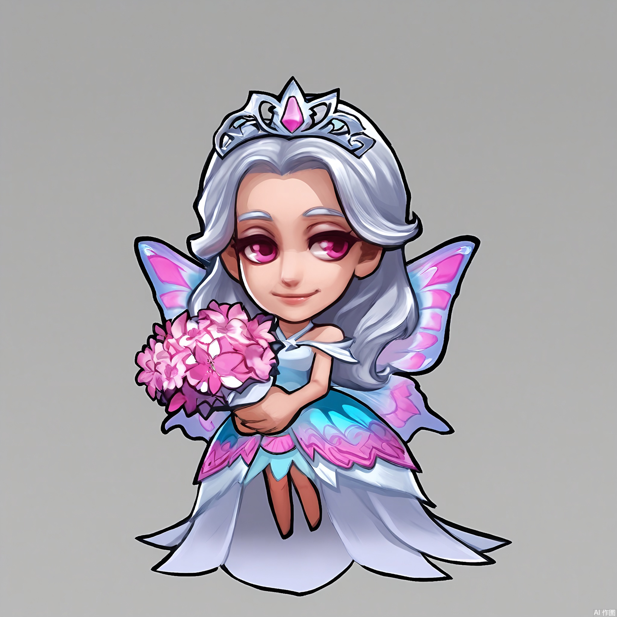 OKJS, A digital illustration of a chibi-style character with long silver hair, pink eyes, and butterfly wings. The character wears an elegant, pastel-colored dress with floral patterns and a delicate tiara, holding a bouquet of blooming flowers. They have a gentle, dreamy smile. The background is a pristine white. The style is reminiscent of fairy tale anime and princess character designs.
