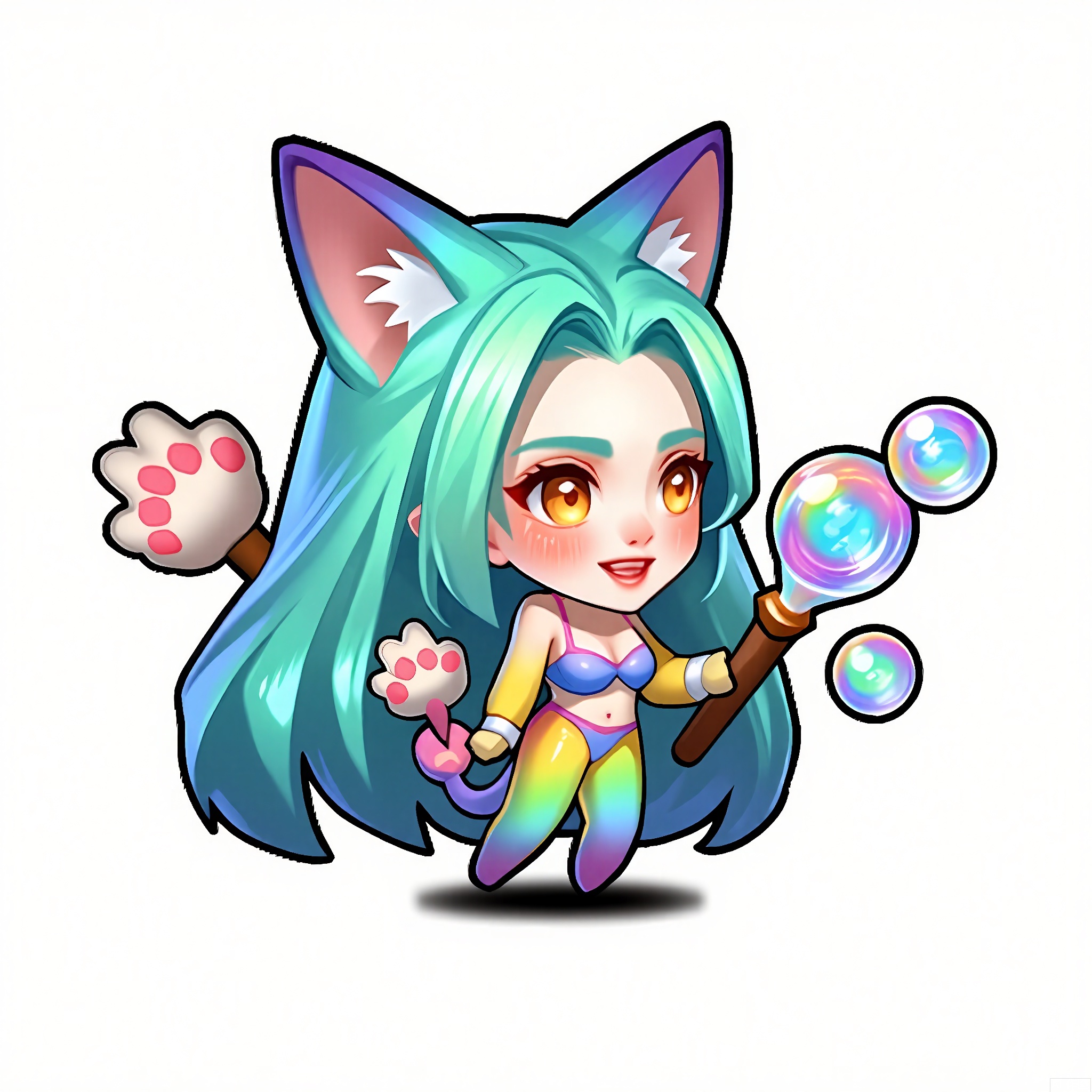 OKJS, A digital illustration of a chibi-style character with long turquoise hair, orange eyes, and cat ears. The character wears a playful, rainbow-colored jumpsuit with a matching tail and paw-print gloves, holding a bubble wand that blows iridescent bubbles. They have a wide, excited smile. The background is a plain white. The style is reminiscent of kawaii anime and cute character designs.
