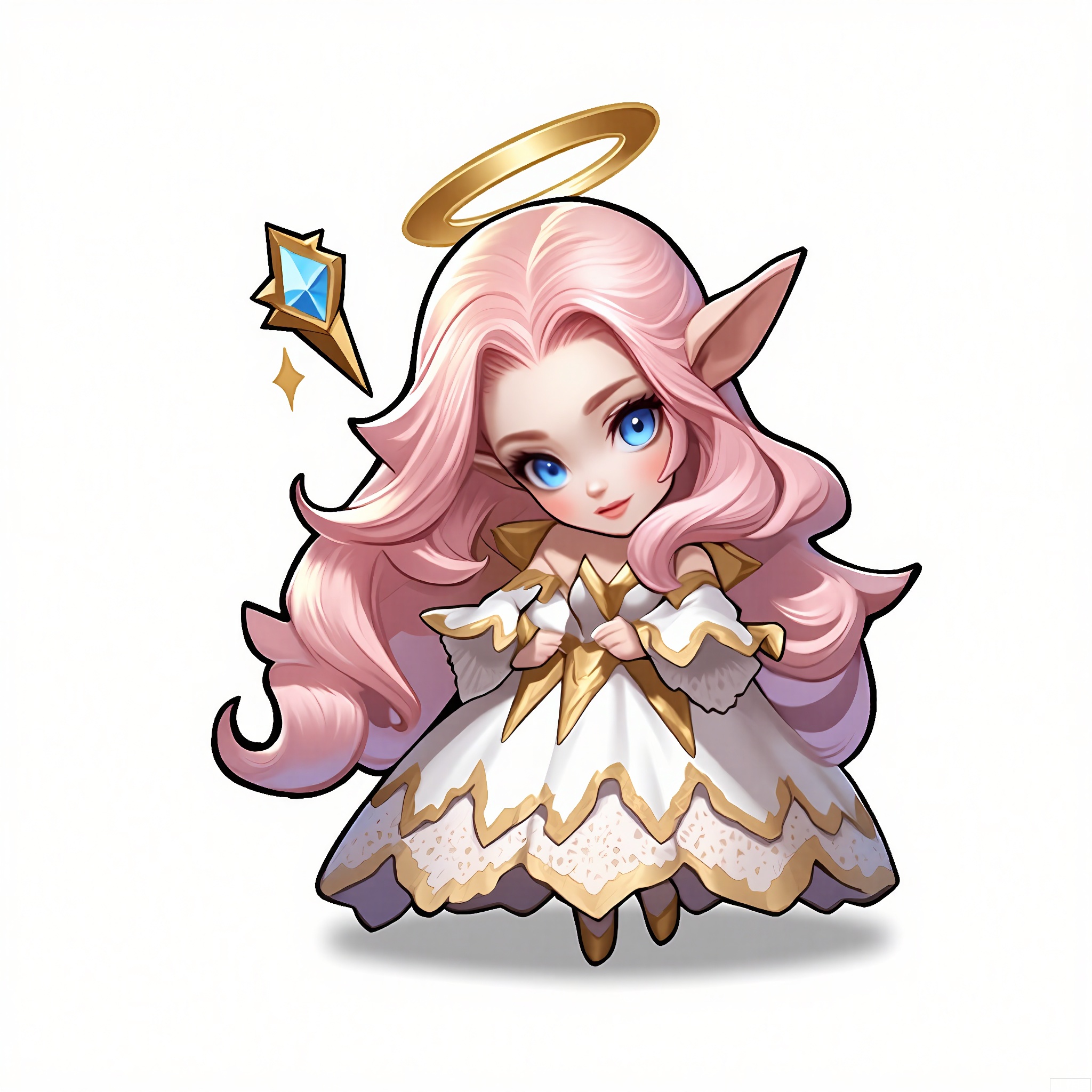 OKJS, A digital illustration of a chibi-style character with long pink hair, blue eyes, and angel wings. The character wears a flowing white and gold gown with intricate lace details and a halo floating above their head, clutching a wand tipped with a sparkling diamond. Their expression is serene and compassionate. The background is a simple white. The style is reminiscent of fantasy anime and magical girl designs.
