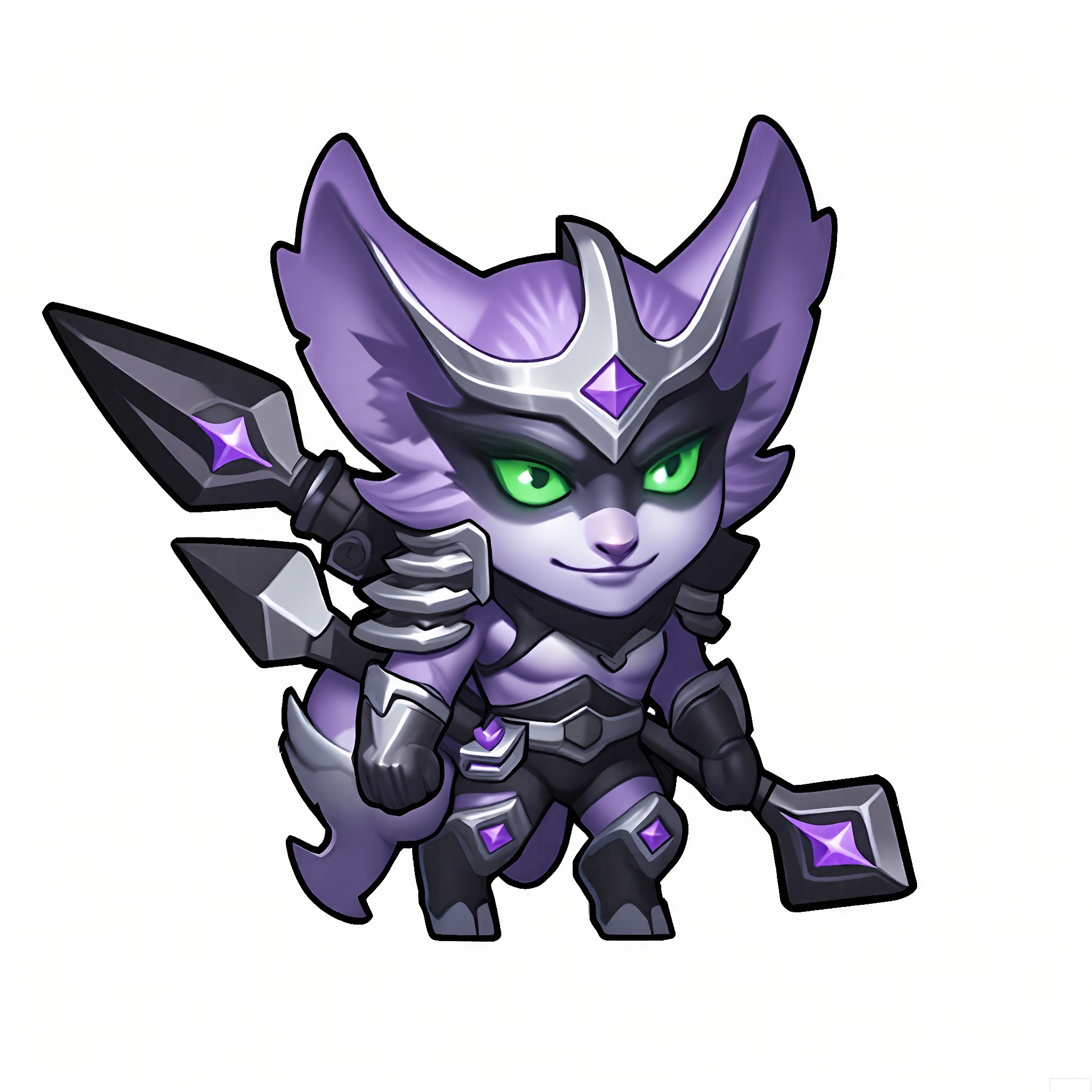 OKJS, A digital illustration of a chibi-style character with short purple hair, green eyes, and fox ears. The character dons a sleek, silver and black futuristic outfit with glowing accents and a small utility belt, holding a staff with a pulsating purple orb at the top. They have a mischievous grin and stand with one foot slightly forward. The background is a pristine white. The style evokes anime and RPG character concepts.
