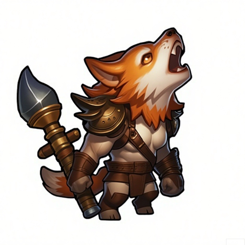 OKJS, A digital illustration of a chibi-style character with short orange hair, brown eyes, and a pair of wolf ears. The character wears a rugged, leather and fur outfit with a spear, howling at the moon. Their expression is wild and free. The background is a clean white. The style evokes werewolf anime and lycanthrope character concepts.
