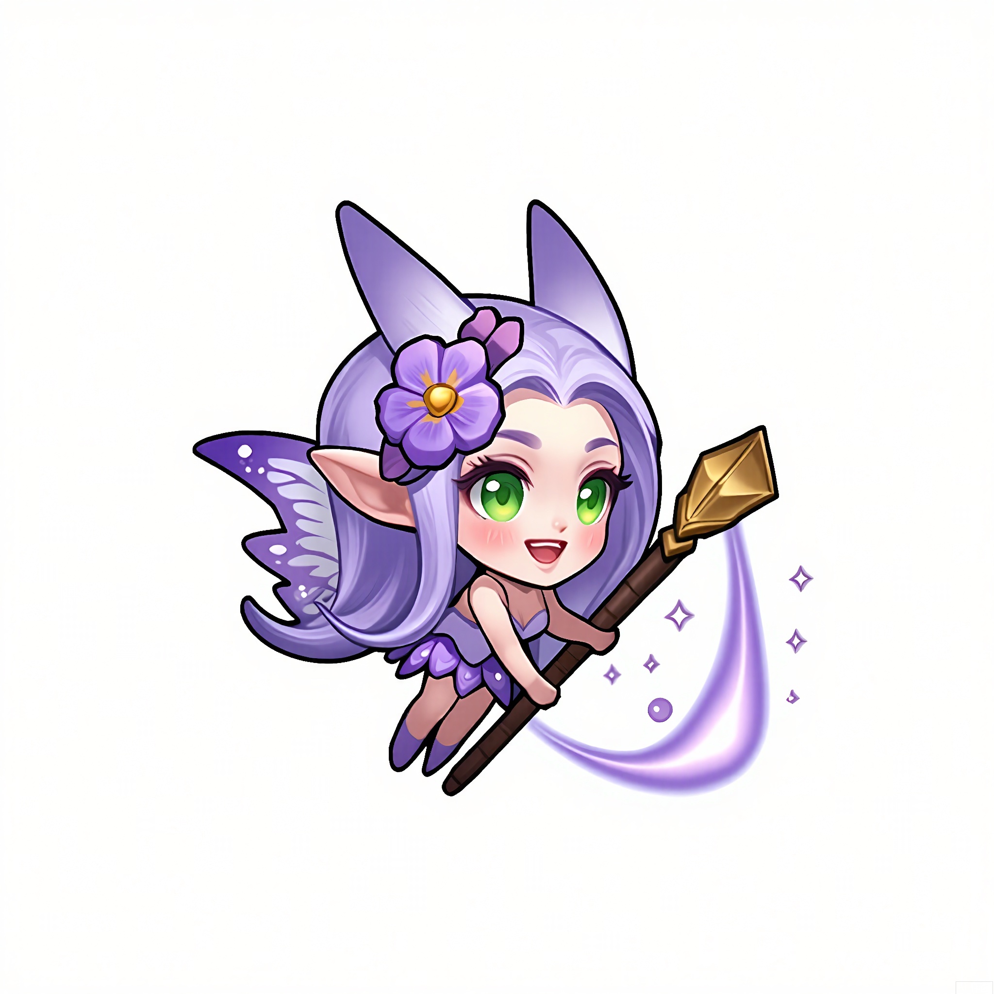 OKJS, A digital illustration of a chibi-style character with long lavender hair, green eyes, and a pair of fairy wings. The character wears a whimsical, flower-adorned outfit with a matching wand, sprinkling fairy dust. They have a joyful, sparkling expression. The background is a clean white. The style evokes enchanted anime and fairy character designs.
