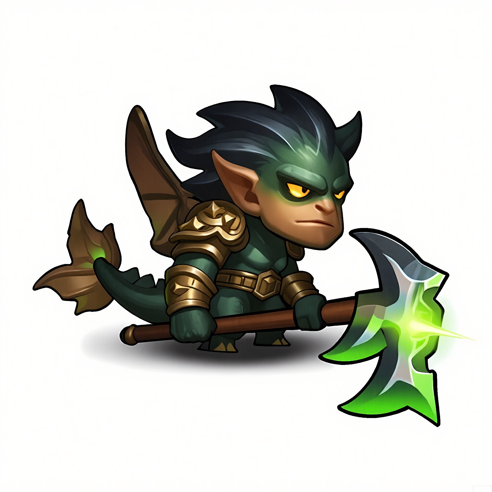 OKJS, A digital illustration of a chibi-style character with spiky black hair, yellow eyes, and a dragon tail. The character sports a dark green and bronze armor set with spiked shoulder pads and a belt adorned with dragon scales, gripping a massive axe with a glowing green blade. They have a fierce scowl and stand ready for battle. The background is a clean white. The style is inspired by action anime and warrior character designs.
