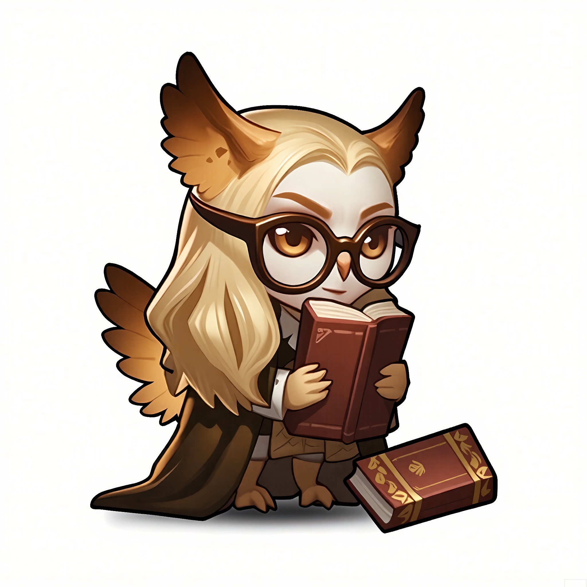 OKJS, A digital illustration of a chibi-style character with long blonde hair, brown eyes, and a pair of owl-like wings. The character wears a scholarly, robe-like outfit with a book in hand and glasses perched on their nose, looking thoughtful. The background is a pristine white. The style is reminiscent of magical academy anime and scholar character designs.

