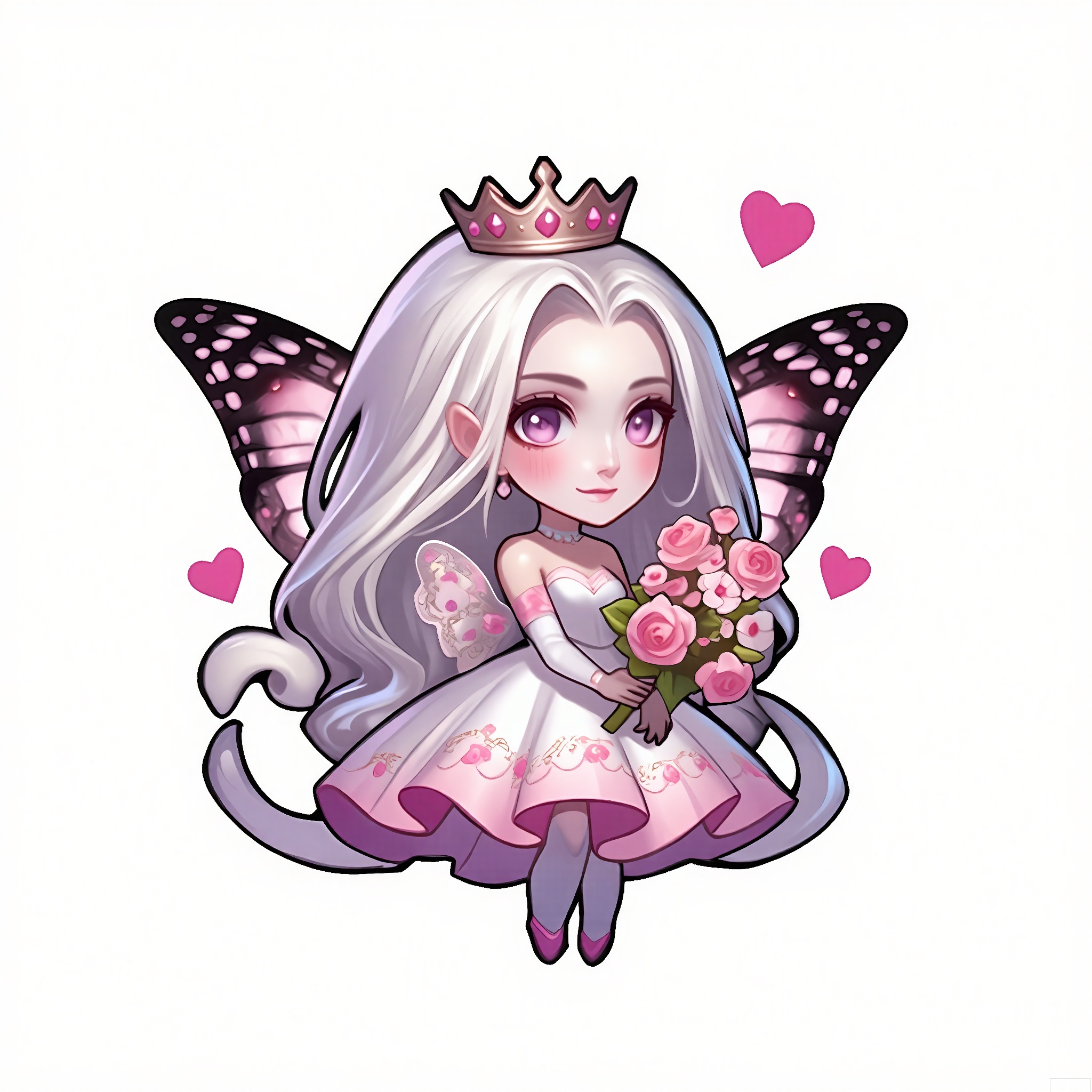 OKJS, A digital illustration of a chibi-style character with long silver hair, pink eyes, and butterfly wings. The character wears an elegant, pastel-colored dress with floral patterns and a delicate tiara, holding a bouquet of blooming flowers. They have a gentle, dreamy smile. The background is a pristine white. The style is reminiscent of fairy tale anime and princess character designs.
