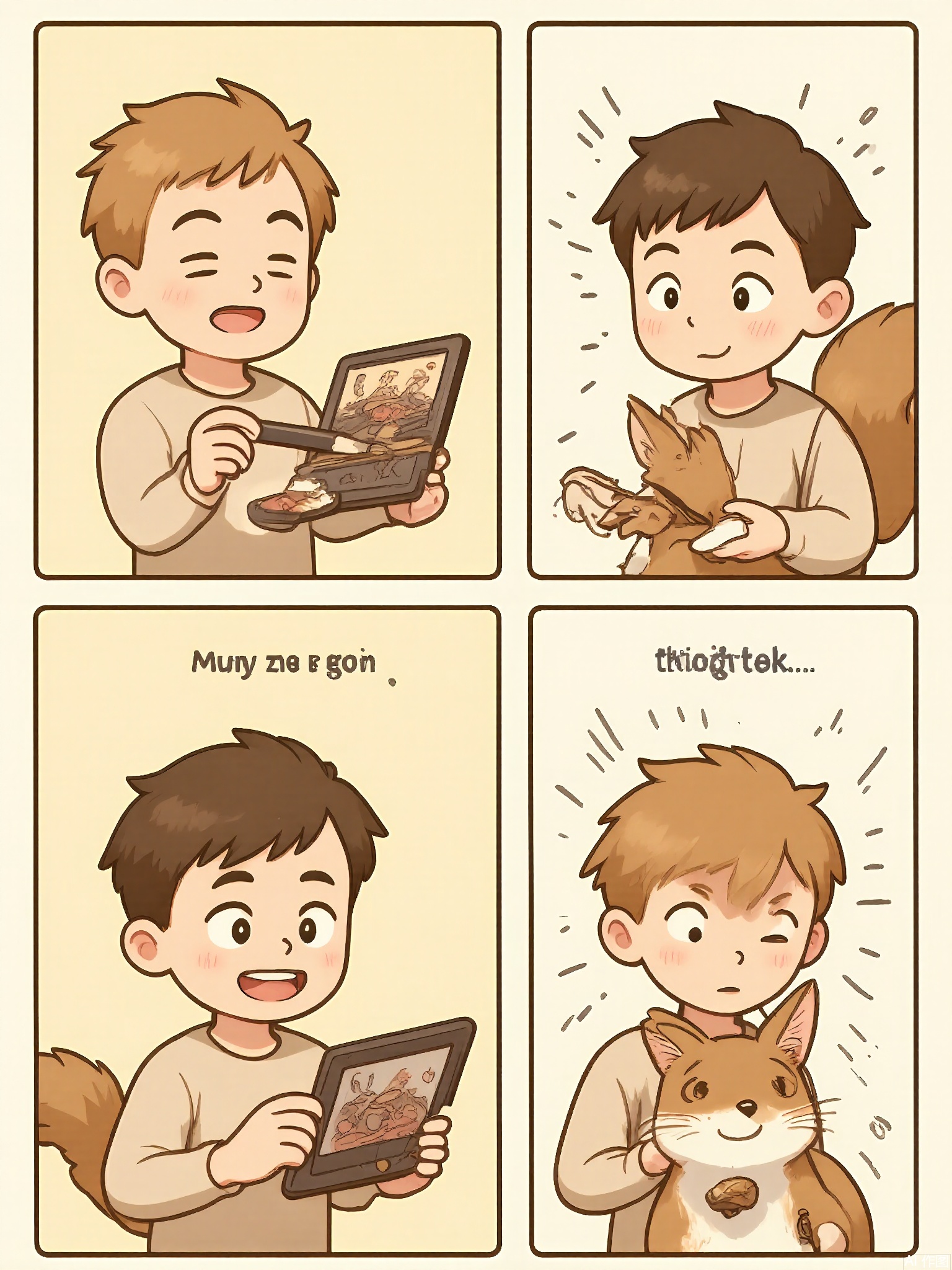 MHCT, Digital drawing in a cute, cartoon style, featuring four panels arranged in a grid. Each panel shows a little artist with a paintbrush and a palette, interacting with a squirrel. The top left panel shows the artist holding a sketchbook and a pencil, with a squirrel holding an acorn. The top right panel depicts the artist painting a portrait of the squirrel, the squirrel posing with the acorn. The bottom left panel shows the artist and the squirrel hanging the painting in a gallery, the squirrel admiring its portrait. The bottom right panel shows the artist and the squirrel sharing a nut, both smiling happily.
