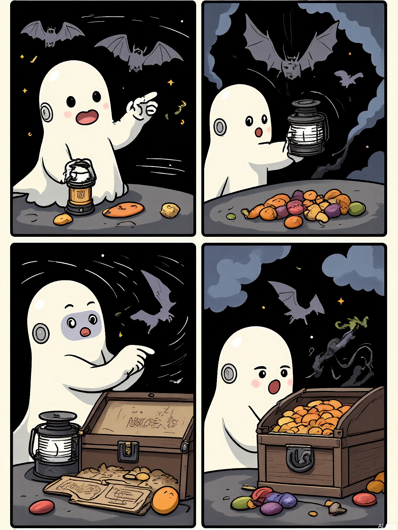 MHCT, Digital drawing in a cute, cartoon style, featuring four panels arranged in a grid. Each panel shows a little ghost with a transparent body and glowing eyes, interacting with a bat. The top left panel shows the ghost holding a lantern and a map, with a bat hanging upside down nearby. The top right panel depicts the ghost floating through a haunted house, the bat following it. The bottom left panel shows the ghost and the bat discovering a hidden treasure chest, the bat pointing at it excitedly. The bottom right panel shows the ghost and the bat sharing the treasure, which turns out to be a pile of candy.
