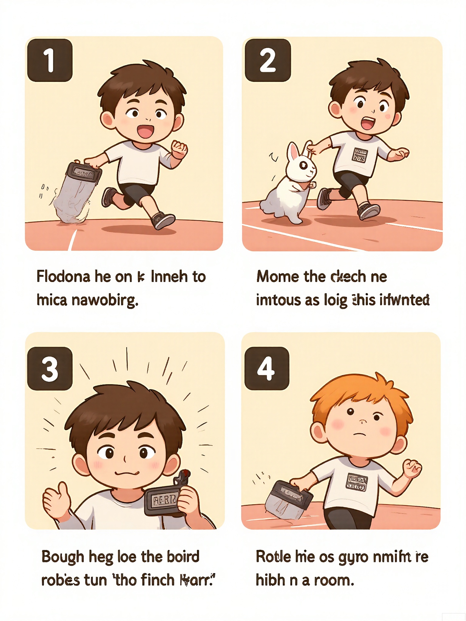 MHCT, Digital drawing in a cute, cartoon style, featuring four panels arranged in a grid. Each panel shows a young athlete with a tracksuit and sneakers, interacting with a rabbit. The top left panel shows the athlete holding a stopwatch and a water bottle, with a rabbit hopping nearby. The top right panel depicts the athlete and the rabbit racing on a track, the rabbit leading the way. The bottom left panel shows the athlete and the rabbit crossing the finish line together, the rabbit jumping for joy. The bottom right panel shows the athlete and the rabbit celebrating with a high-five, both out of breath but smiling.
