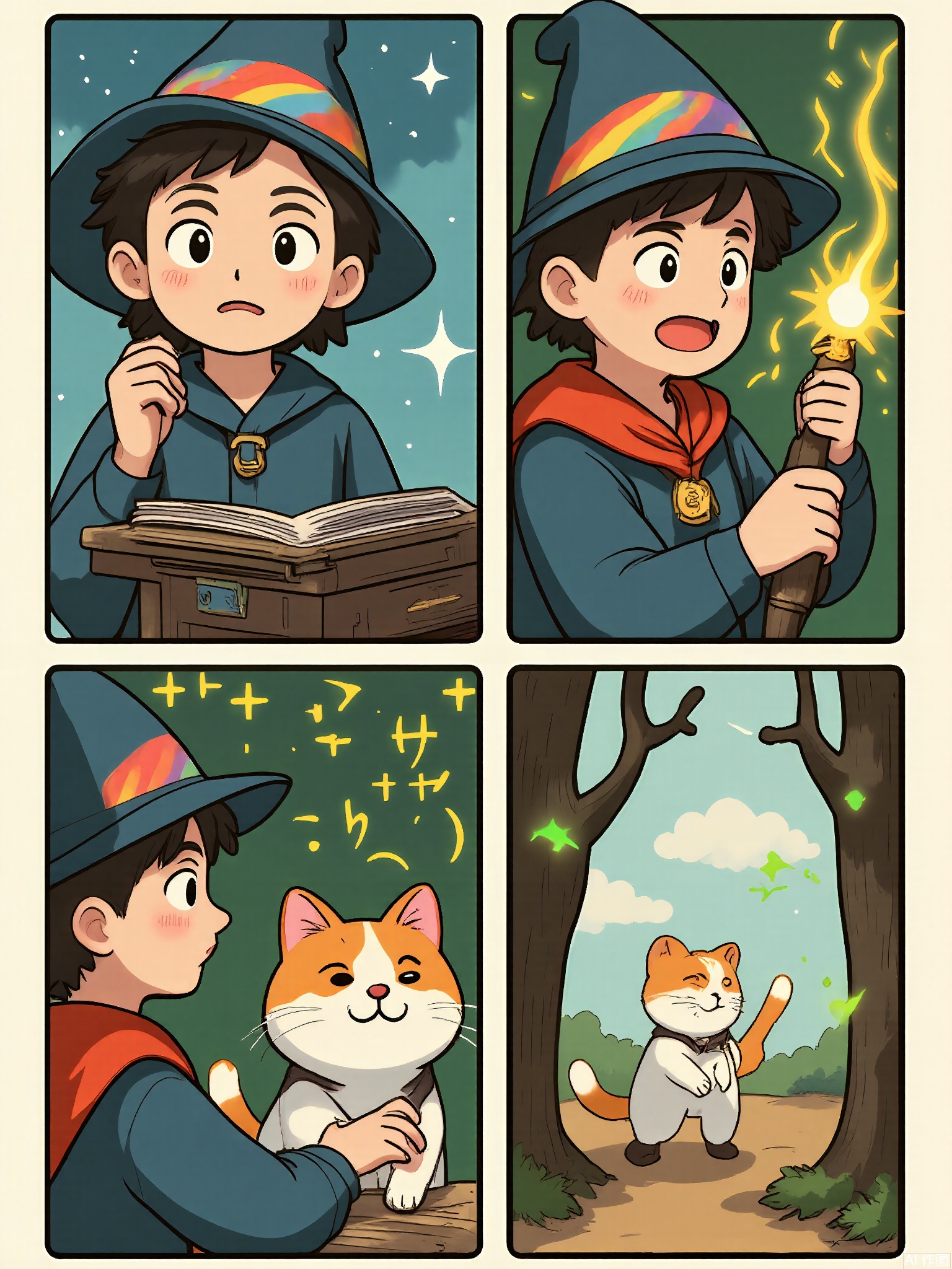 MHCT, Digital drawing in a cute, cartoon style, featuring four panels arranged in a grid. Each panel shows a young wizard with a pointy hat and a long, blue robe, interacting with a cat. The top left panel shows the wizard holding a wand and a spellbook, with a cat sitting nearby. The top right panel depicts the wizard waving the wand and chanting a spell, making the cat's fur turn rainbow-colored. The bottom left panel shows the wizard and the cat looking at each other in surprise, then breaking into laughter. The bottom right panel shows the wizard and the cat walking through a magical forest, the cat's rainbow fur glowing.
