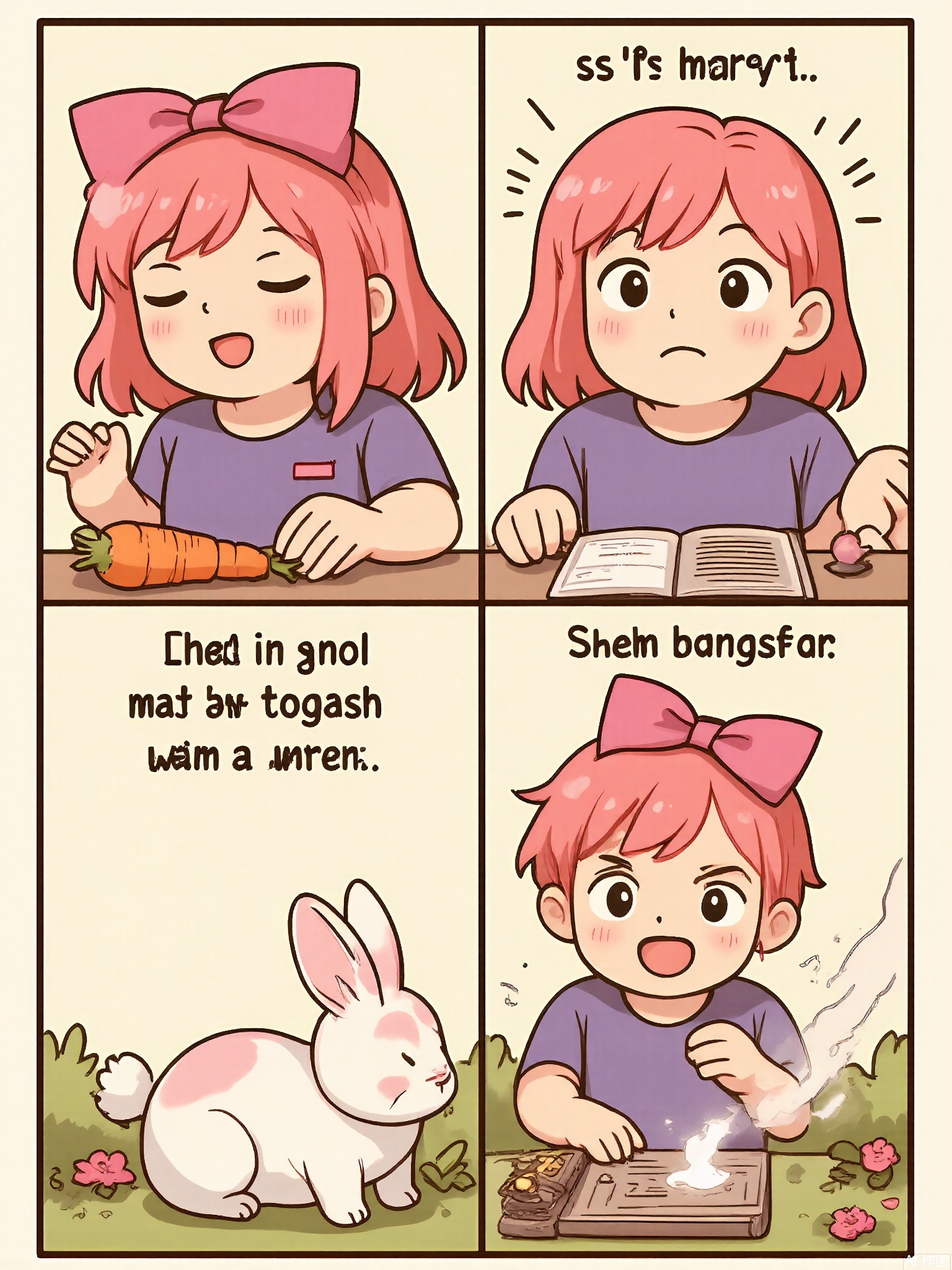 MHCT, Digital drawing in a cute, cartoon style, featuring four panels arranged in a grid. Each panel shows a young girl with long, pink curls, wearing a purple dress and a pink bow in her hair, interacting with a bunny. The top left panel shows the girl holding a carrot and a magic book, with a bunny nibbling on grass nearby. The top right panel depicts the girl flipping through the book and pointing at a spell, making the carrot glow. The bottom left panel shows the girl giggling as she offers the glowing carrot to the bunny, which hops closer. The bottom right panel shows the girl and the bunny playing together in a field of flowers.
