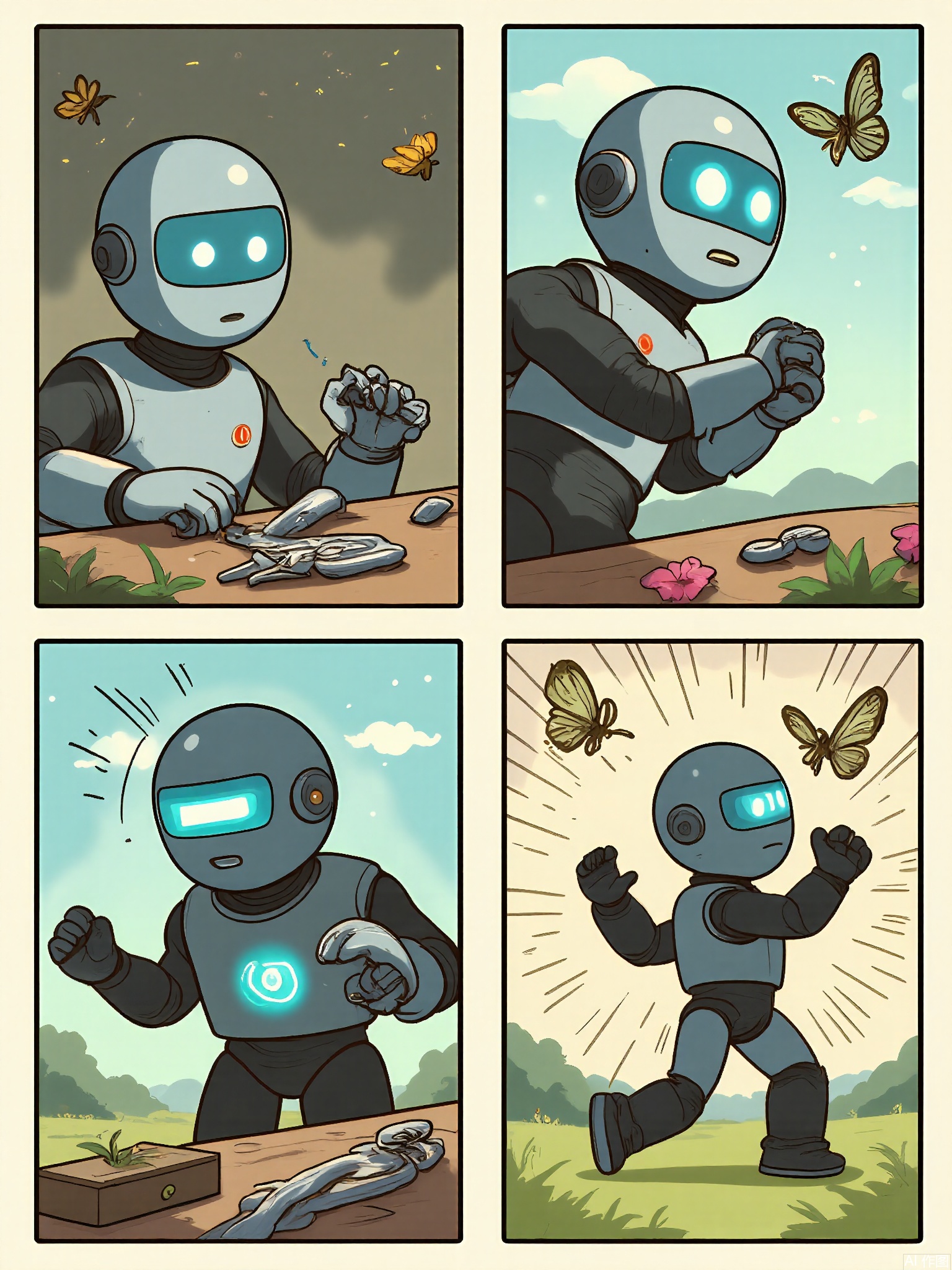 MHCT, Digital drawing in a cute, cartoon style, featuring four panels arranged in a grid. Each panel shows a little robot with a round body and glowing blue eyes, interacting with a butterfly. The top left panel shows the robot holding a flower and a toolbox, with a butterfly resting on the flower. The top right panel depicts the robot using a tool to adjust a part on its body, making a soft, melodious sound that attracts more butterflies. The bottom left panel shows the robot dancing with the butterflies, its body spinning and lights flashing. The bottom right panel shows the robot and the butterflies flying together over a beautiful meadow.
