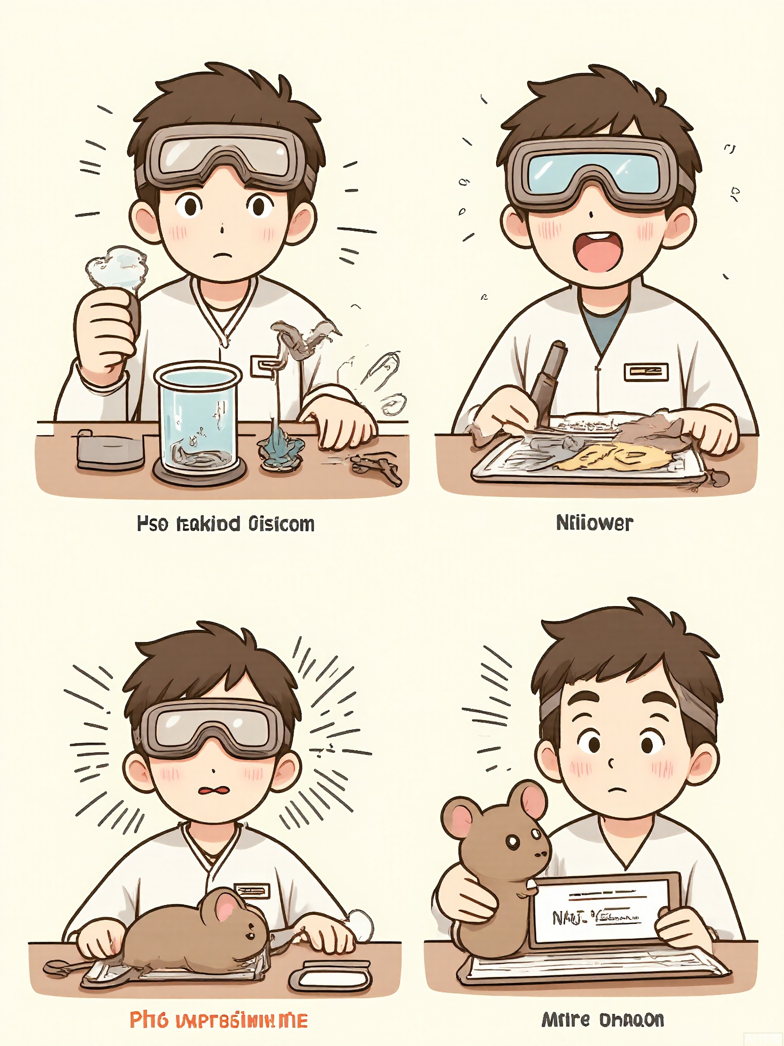 MHCT, Digital drawing in a cute, cartoon style, featuring four panels arranged in a grid. Each panel shows a little scientist with a lab coat and goggles, interacting with a mouse. The top left panel shows the scientist holding a test tube and a notebook, with a mouse in a cage. The top right panel depicts the scientist conducting an experiment, the mouse observing with interest. The bottom left panel shows the scientist and the mouse discovering a new compound, both looking excited. The bottom right panel shows the scientist and the mouse sharing the results, the mouse holding a tiny certificate.
