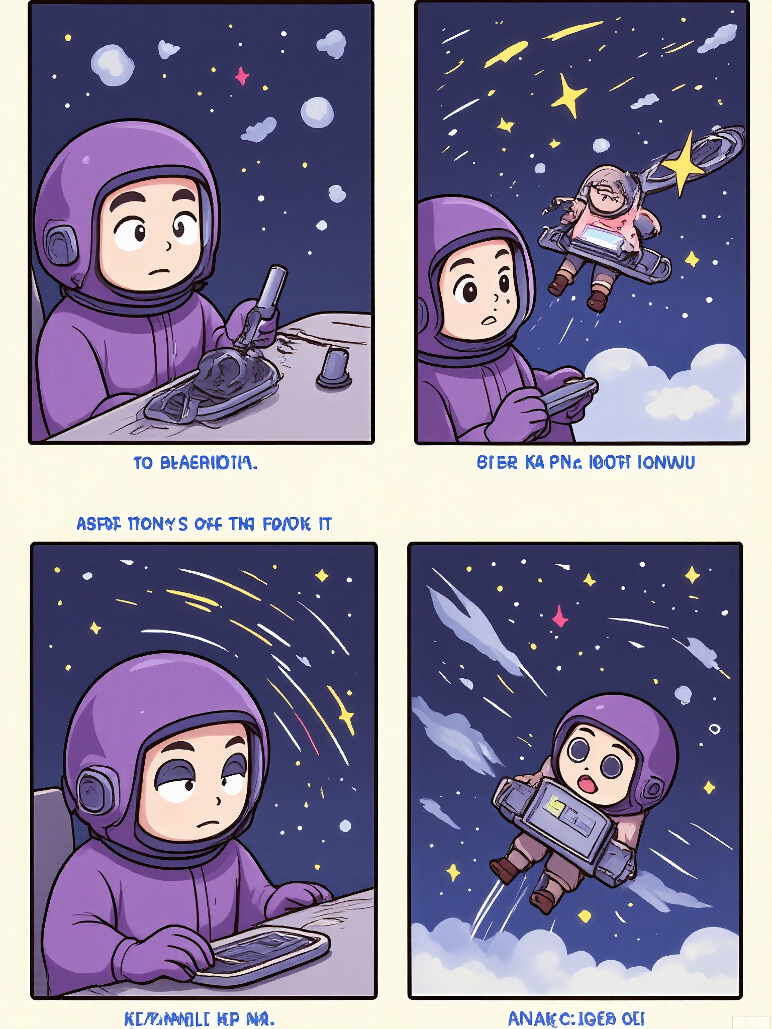 MHCT, Digital drawing in a cute, cartoon style, featuring four panels arranged in a grid. Each panel shows a little alien with big, black eyes and a purple, one-piece suit, interacting with a UFO. The top left panel shows the alien holding a remote control and looking up at the sky, with a UFO hovering above. The top right panel depicts the alien pressing a button on the remote, making the UFO shoot off colorful sparks. The bottom left panel shows the alien jumping up and down with excitement as the UFO performs a loop-de-loop. The bottom right panel shows the alien riding on the UFO, zooming through the stars.
