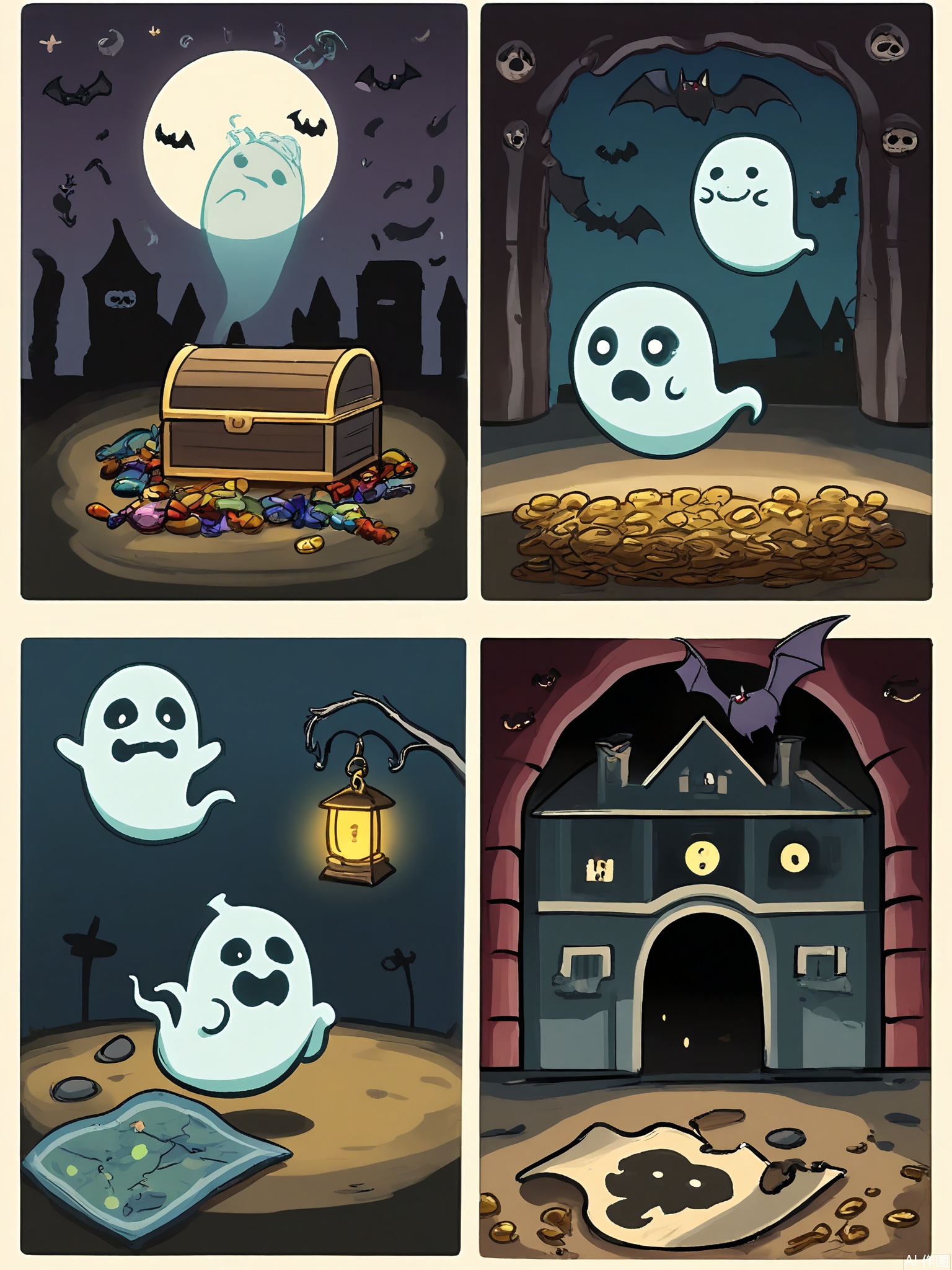 MHCT, Digital drawing in a cute, cartoon style, featuring four panels arranged in a grid. Each panel shows a little ghost with a transparent body and glowing eyes, interacting with a bat. The top left panel shows the ghost holding a lantern and a map, with a bat hanging upside down nearby. The top right panel depicts the ghost floating through a haunted house, the bat following it. The bottom left panel shows the ghost and the bat discovering a hidden treasure chest, the bat pointing at it excitedly. The bottom right panel shows the ghost and the bat sharing the treasure, which turns out to be a pile of candy.
