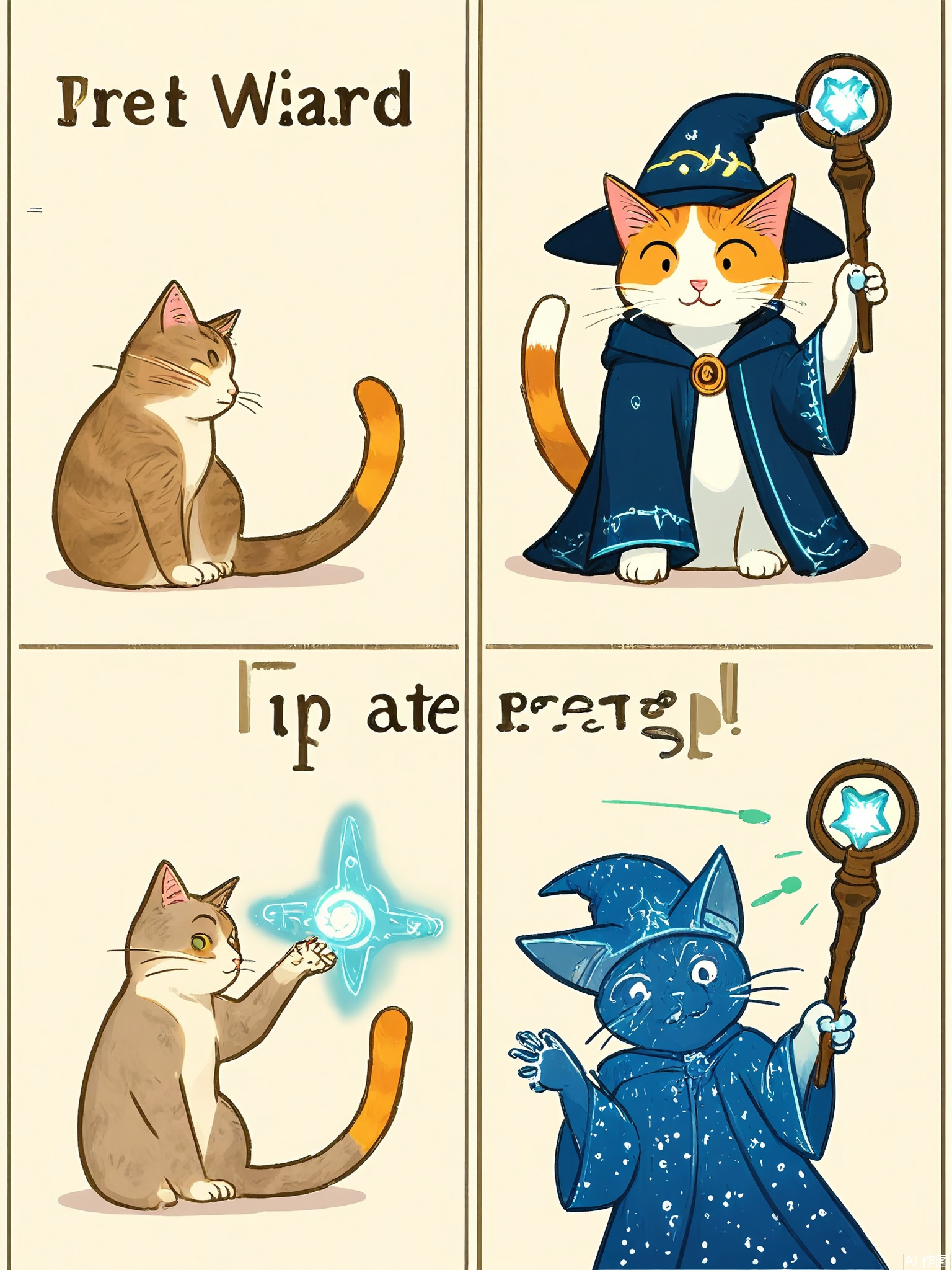 MHCT, Digital drawing in a cute, cartoon style, featuring four panels arranged in a grid. Each panel shows a young wizard with a pointy hat and a long, blue robe, interacting with a cat. The top left panel shows the wizard holding a wand and a spellbook, with a cat sitting nearby. The top right panel depicts the wizard waving the wand and chanting a spell, making the cat's fur turn rainbow-colored. The bottom left panel shows the wizard and the cat looking at each other in surprise, then breaking into laughter. The bottom right panel shows the wizard and the cat walking through a magical forest, the cat's rainbow fur glowing.

