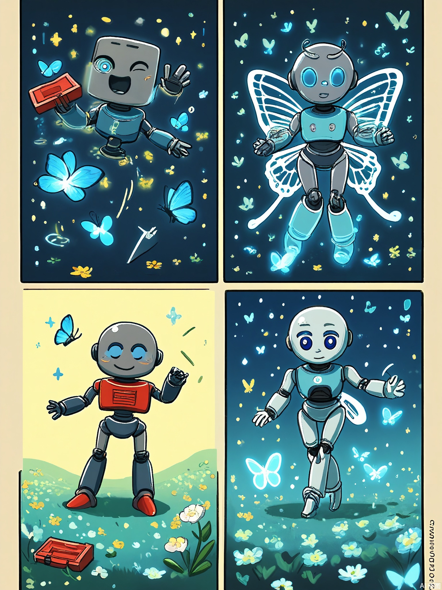 MHCT, Digital drawing in a cute, cartoon style, featuring four panels arranged in a grid. Each panel shows a little robot with a round body and glowing blue eyes, interacting with a butterfly. The top left panel shows the robot holding a flower and a toolbox, with a butterfly resting on the flower. The top right panel depicts the robot using a tool to adjust a part on its body, making a soft, melodious sound that attracts more butterflies. The bottom left panel shows the robot dancing with the butterflies, its body spinning and lights flashing. The bottom right panel shows the robot and the butterflies flying together over a beautiful meadow.
