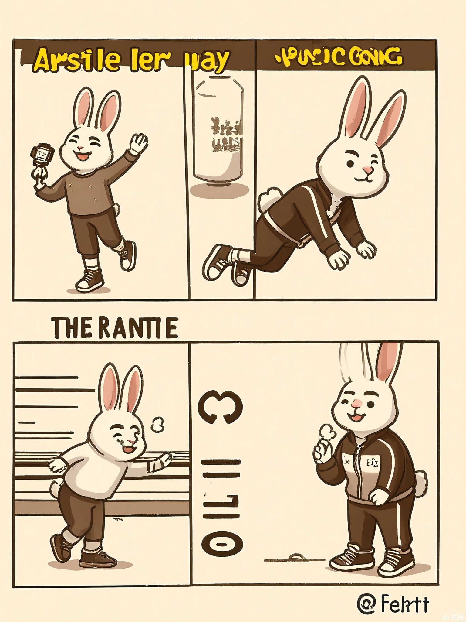 MHCT, Digital drawing in a cute, cartoon style, featuring four panels arranged in a grid. Each panel shows a young athlete with a tracksuit and sneakers, interacting with a rabbit. The top left panel shows the athlete holding a stopwatch and a water bottle, with a rabbit hopping nearby. The top right panel depicts the athlete and the rabbit racing on a track, the rabbit leading the way. The bottom left panel shows the athlete and the rabbit crossing the finish line together, the rabbit jumping for joy. The bottom right panel shows the athlete and the rabbit celebrating with a high-five, both out of breath but smiling.
