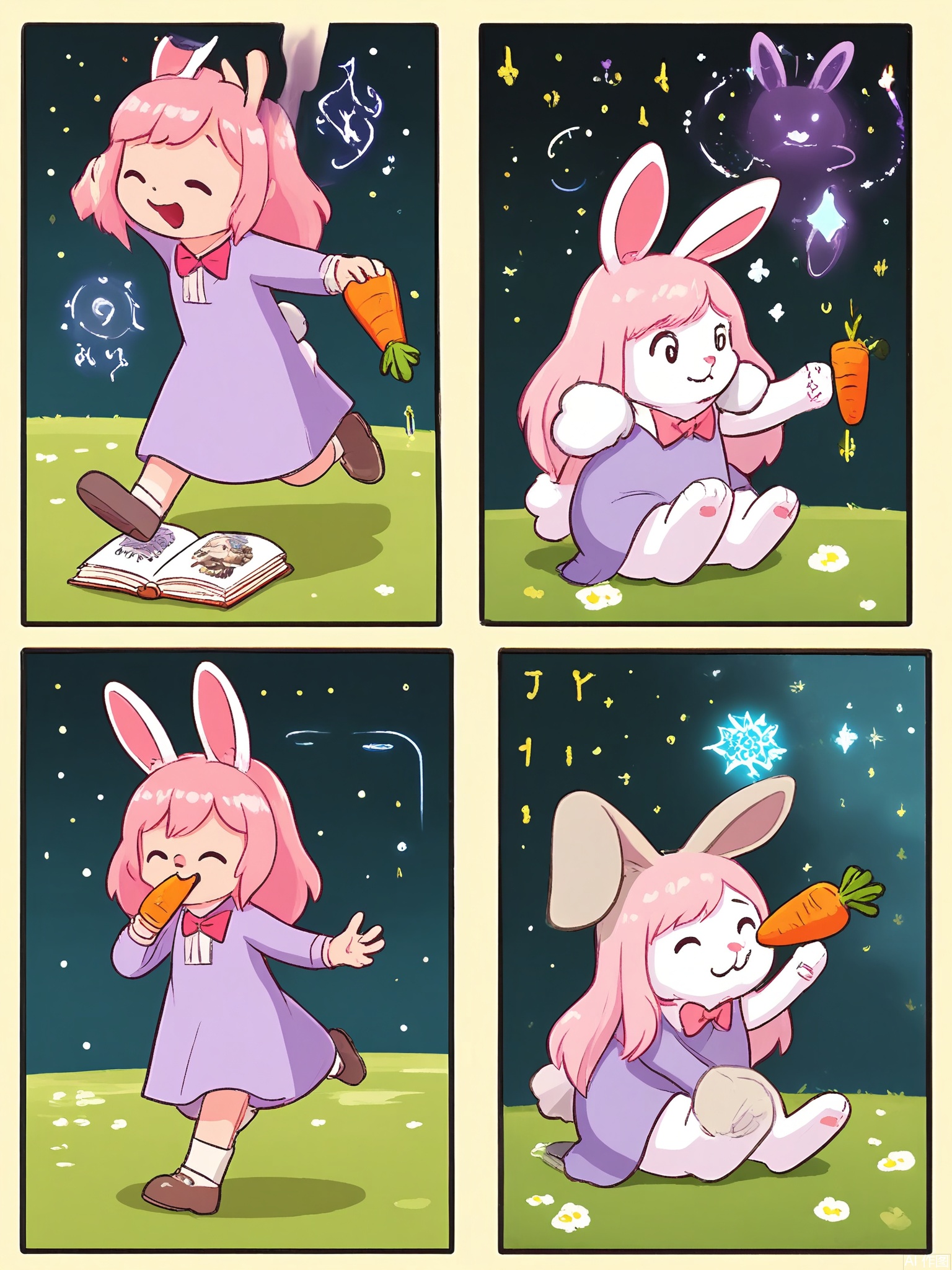 MHCT, Digital drawing in a cute, cartoon style, featuring four panels arranged in a grid. Each panel shows a young girl with long, pink curls, wearing a purple dress and a pink bow in her hair, interacting with a bunny. The top left panel shows the girl holding a carrot and a magic book, with a bunny nibbling on grass nearby. The top right panel depicts the girl flipping through the book and pointing at a spell, making the carrot glow. The bottom left panel shows the girl giggling as she offers the glowing carrot to the bunny, which hops closer. The bottom right panel shows the girl and the bunny playing together in a field of flowers.
