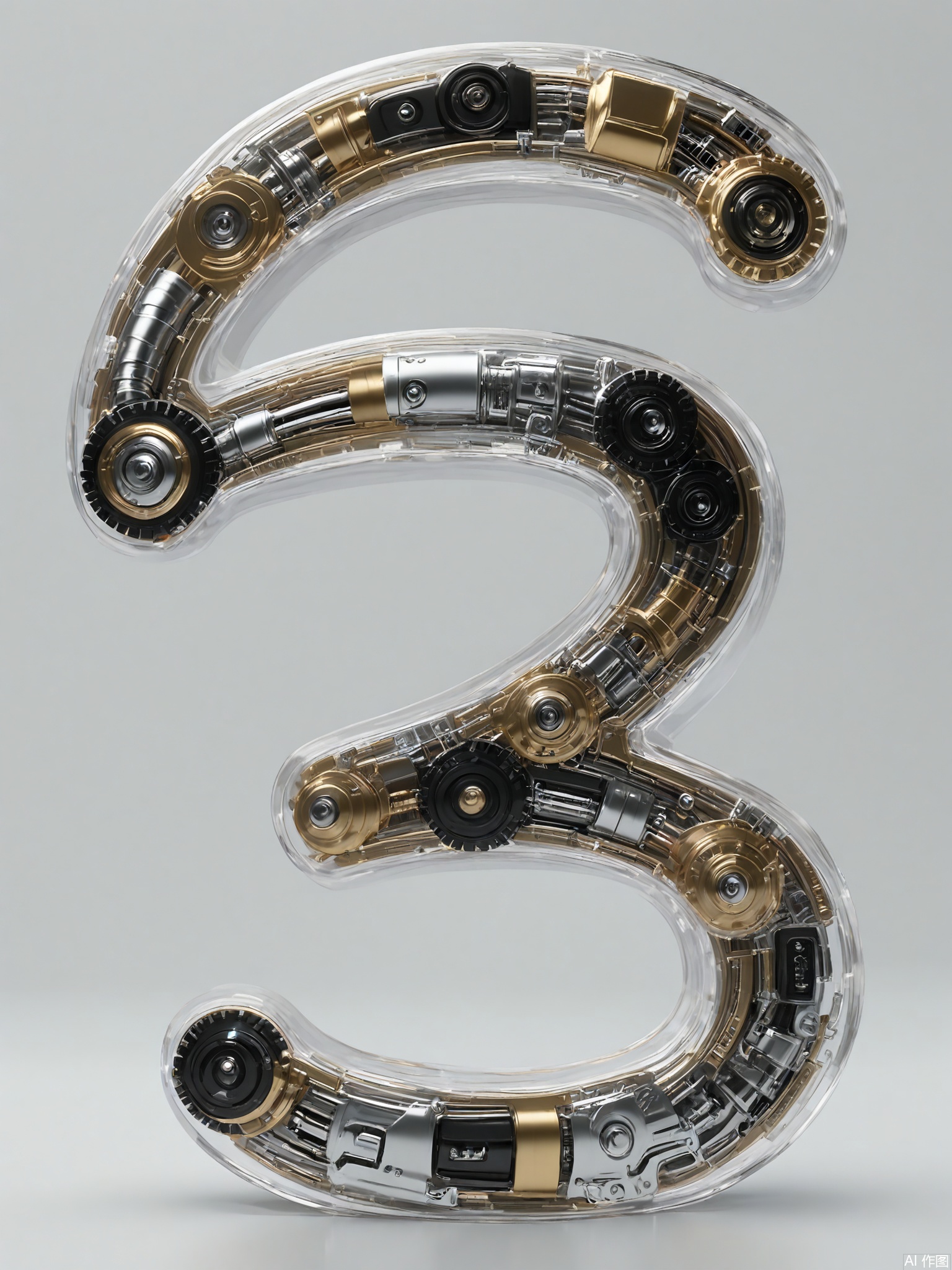JXZT, A highly detailed, futuristic, and abstract sculpture made from transparent and metallic materials, taking the form of a gear. The gear has a large, imposing size, with multiple teeth made from a combination of transparent and metallic materials. It features small mechanical components that seem to be in constant motion, creating a sense of energy and power. The plain grey background makes the gear-shaped sculpture appear as a symbol of industry and progress in a modern world.
