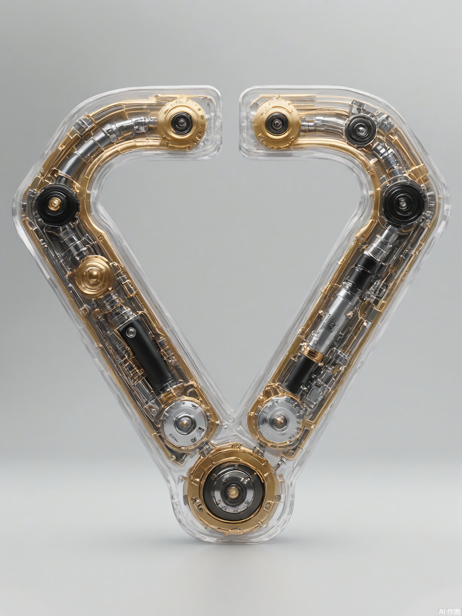 JXZT, A highly detailed, futuristic, and abstract sculpture made from transparent and metallic materials, forming the letter "V". The sculpture has a sharp, angular design, with the two sides of the "V" made from transparent and metallic materials respectively. It features small mechanical components that seem to be holding the two sides together, creating a sense of balance and symmetry. The plain grey background allows the sculpture's clean lines and bold form to make a strong statement.
