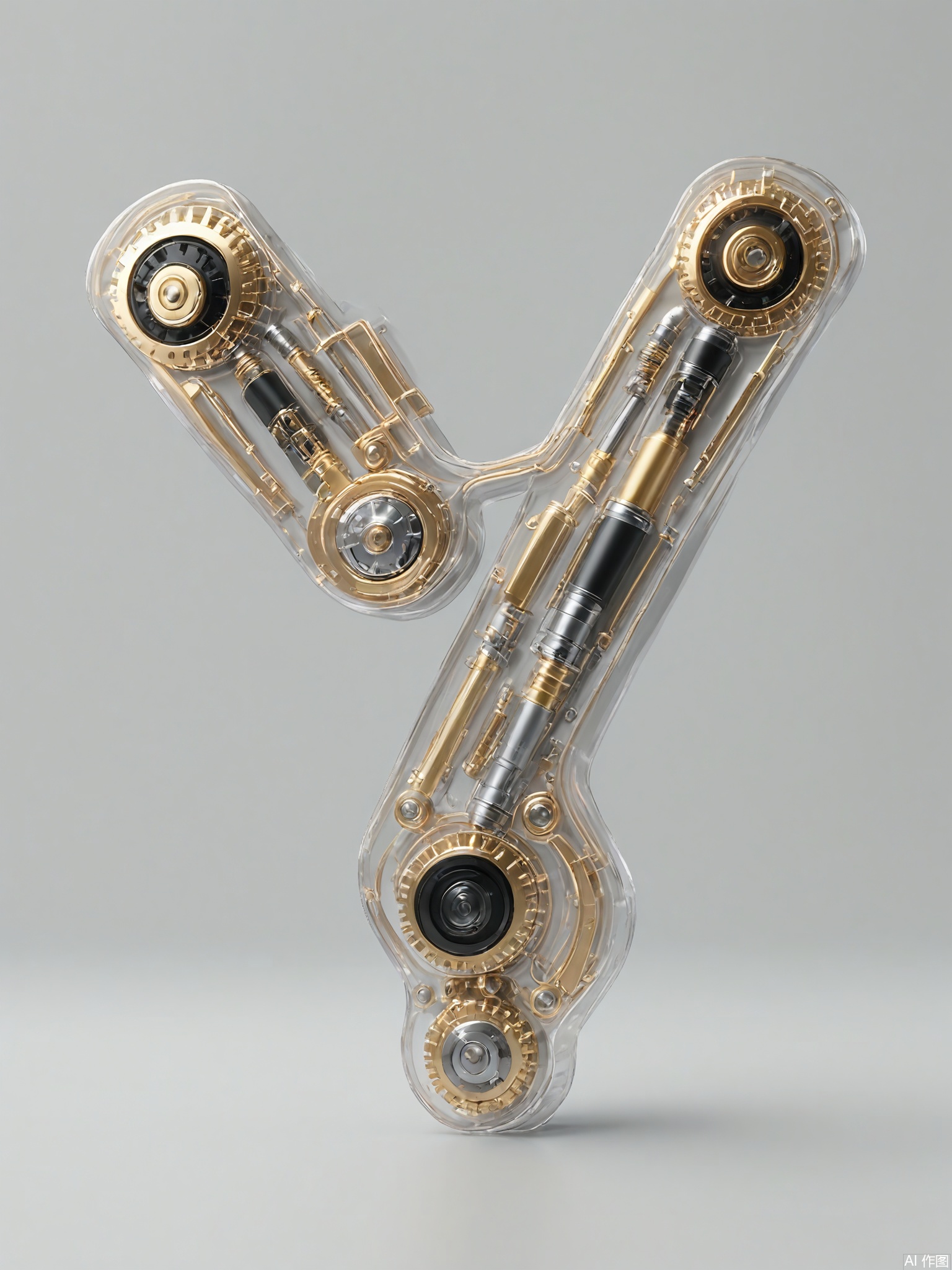 JXZT, A highly detailed, futuristic, and abstract sculpture made from transparent and metallic materials, shaped like the letter "A" but with a twisted, three-dimensional form. It consists of a maze of tubes, wires, and small mechanical gears that seem to be in constant motion. The metallic parts have a polished finish, reflecting the light in a dazzling array of colors, while the transparent sections give the impression of weightlessness. The simple grey background enhances the sculpture's futuristic charm.
