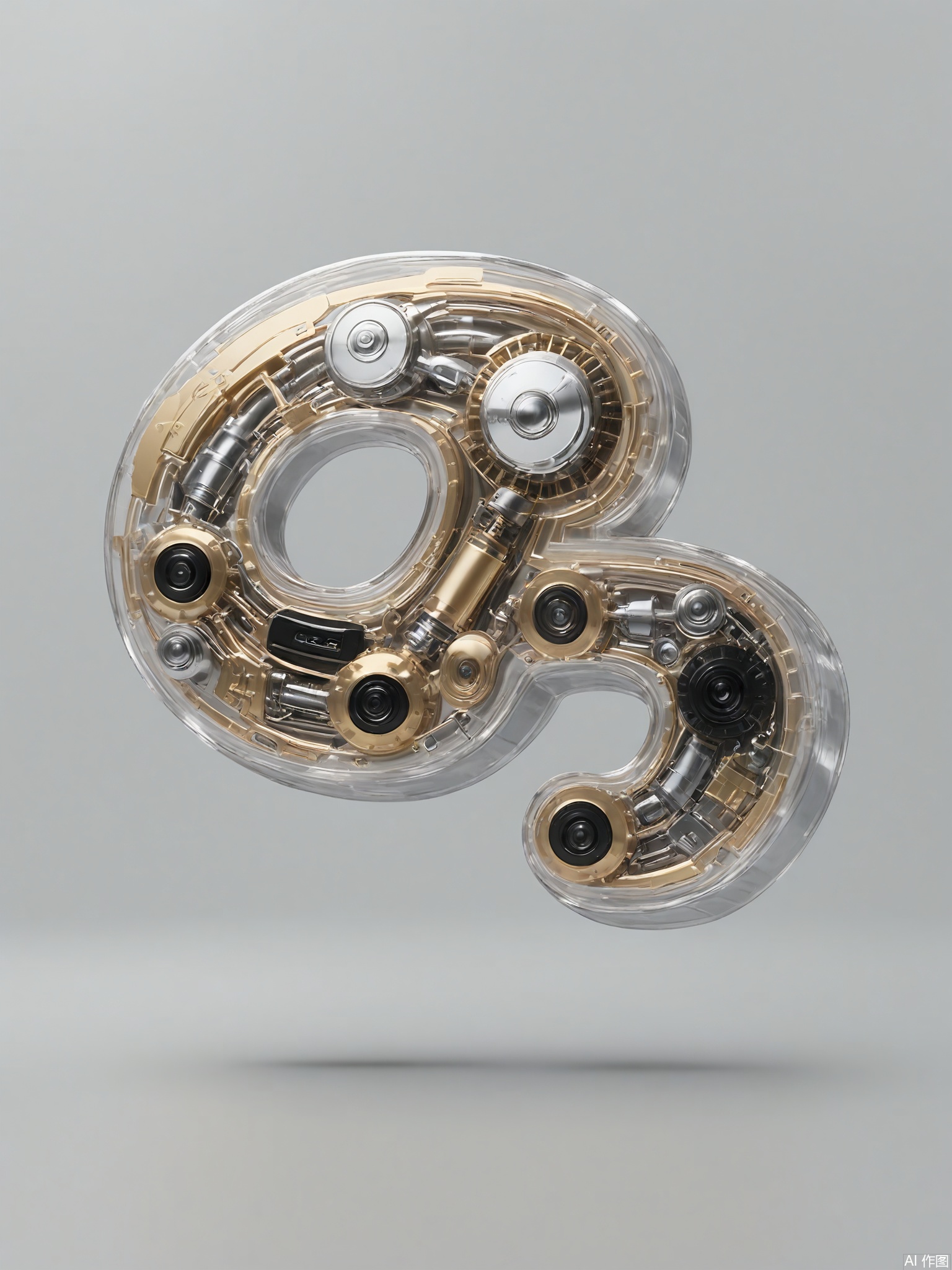 JXZT, A highly detailed, futuristic, and abstract sculpture made from transparent and metallic materials, taking the shape of the letter "N". It features a complex web of interwoven wires and tubes, with some parts appearing to be suspended in mid-air. The metallic components have a brushed texture, adding depth and dimension, while the transparent sections create an illusion of openness and space. The simple grey background provides a neutral backdrop for the sculpture's futuristic allure.
