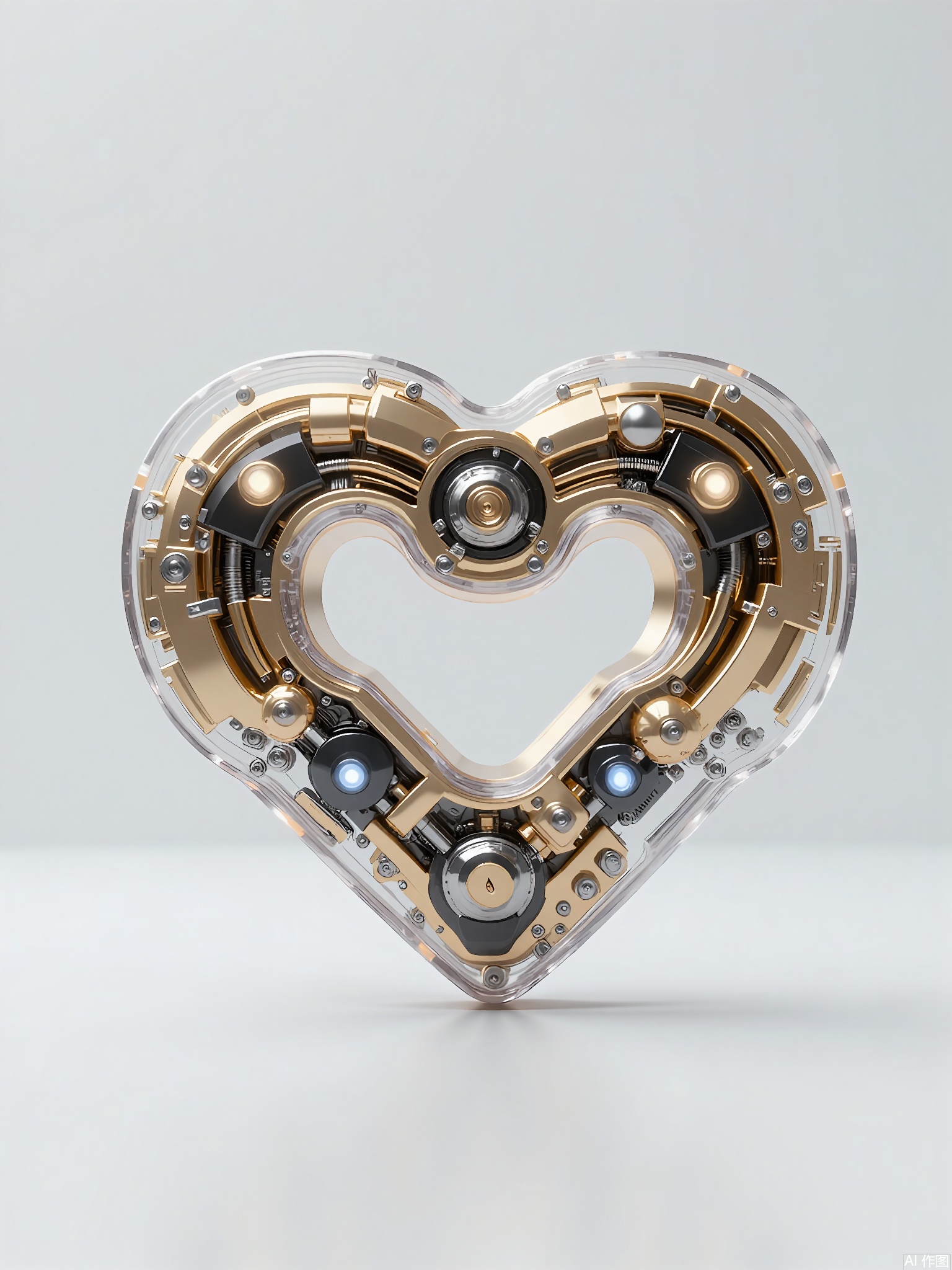 JXZT, A highly detailed, futuristic, and abstract sculpture made from transparent and metallic materials, taking the form of a heart. The heart has a modern, abstract design, with the transparent and metallic elements intertwined to create a sense of unity and connection. It features small LED lights that pulse gently, adding a touch of warmth and emotion to the piece. The plain grey background makes the heart-shaped sculpture appear as a symbol of love in a futuristic world.
