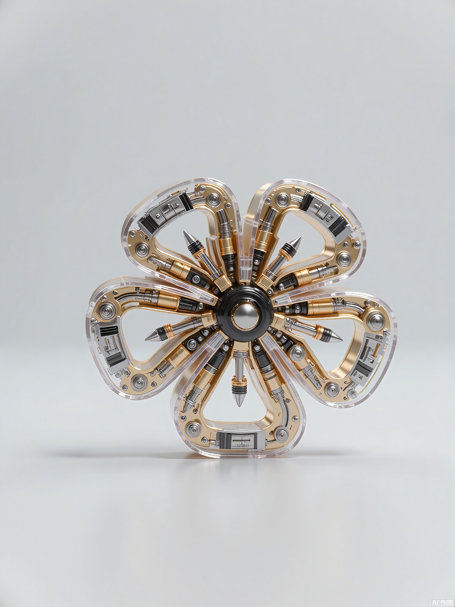 JXZT, A highly detailed, futuristic, and abstract sculpture made from transparent and metallic materials, shaped like a flower. The flower has multiple petals made from a combination of transparent and metallic materials, with small mechanical parts at the center that seem to be pulsing with energy. The lighting creates a soft, romantic glow around the sculpture, enhancing its beauty and charm. The simple grey background makes the flower-shaped sculpture appear as a symbol of hope and renewal in a futuristic landscape.
